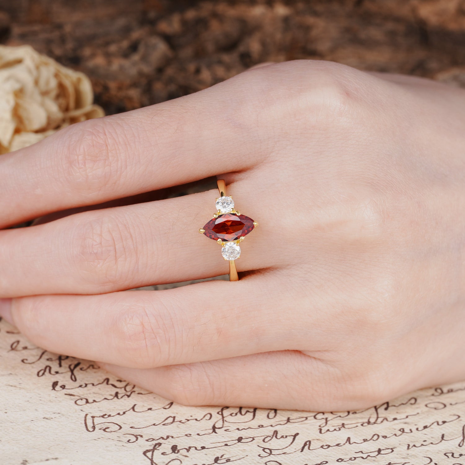 Unique Wrapped 6-Prong Marquise Cut Garnet Engagement Ring