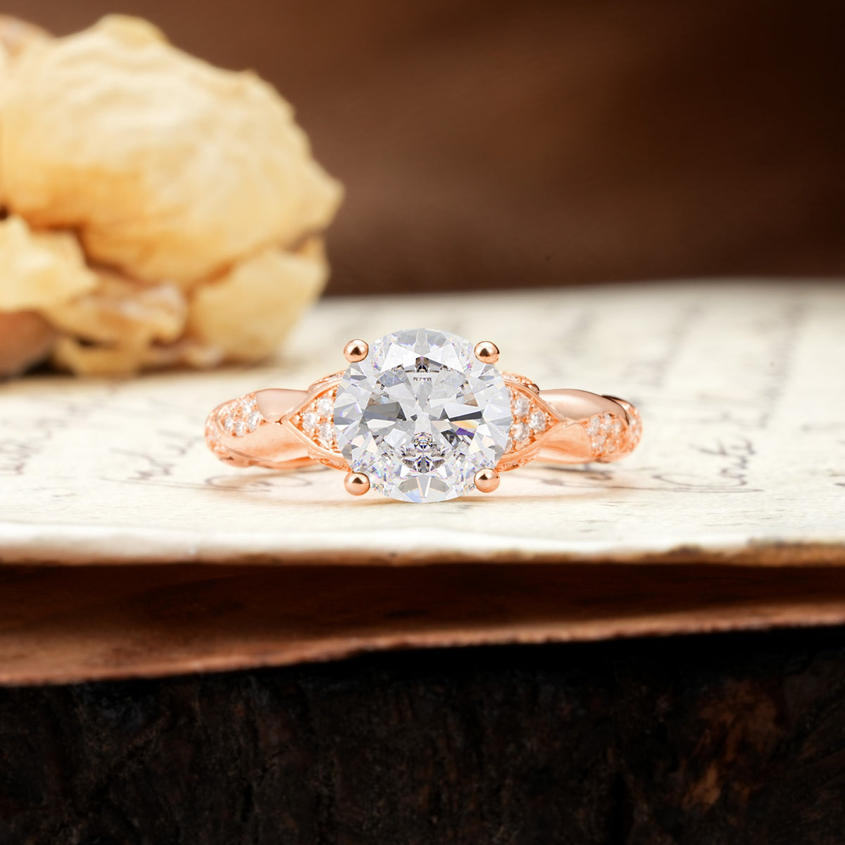 Nature-Inspired, Uniquely Luxurious 4-Prong Round Cut Moissanite Engagement Ring - Additional view