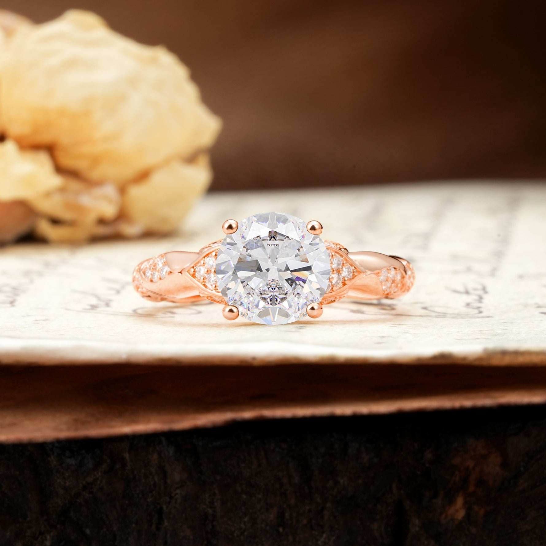Nature-Inspired, Uniquely Luxurious 4-Prong Round Cut Moissanite Engagement Ring - Additional view