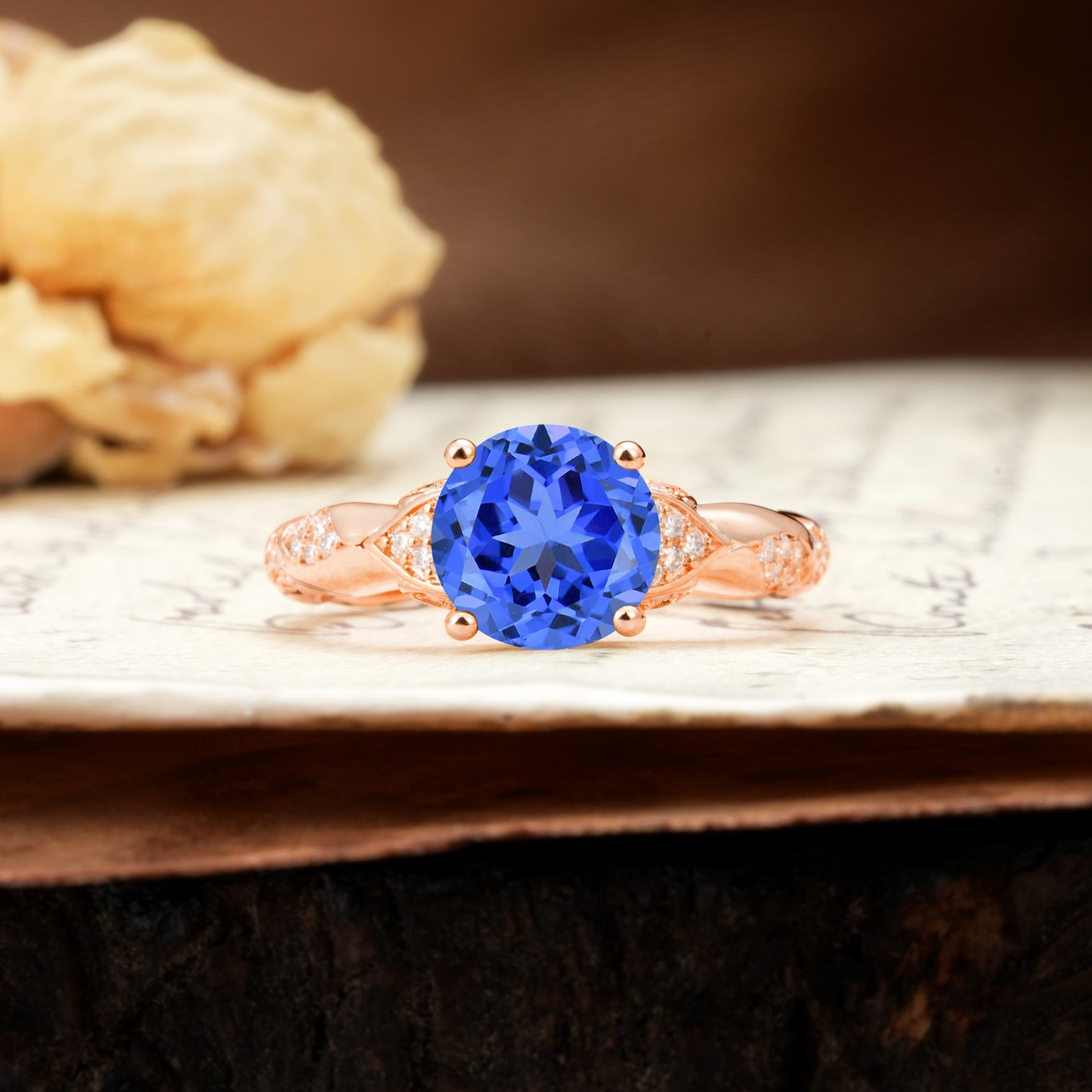 Nature-Inspired, Uniquely Luxurious 4-Prong Round Cut Sapphire Engagement Ring - Additional view
