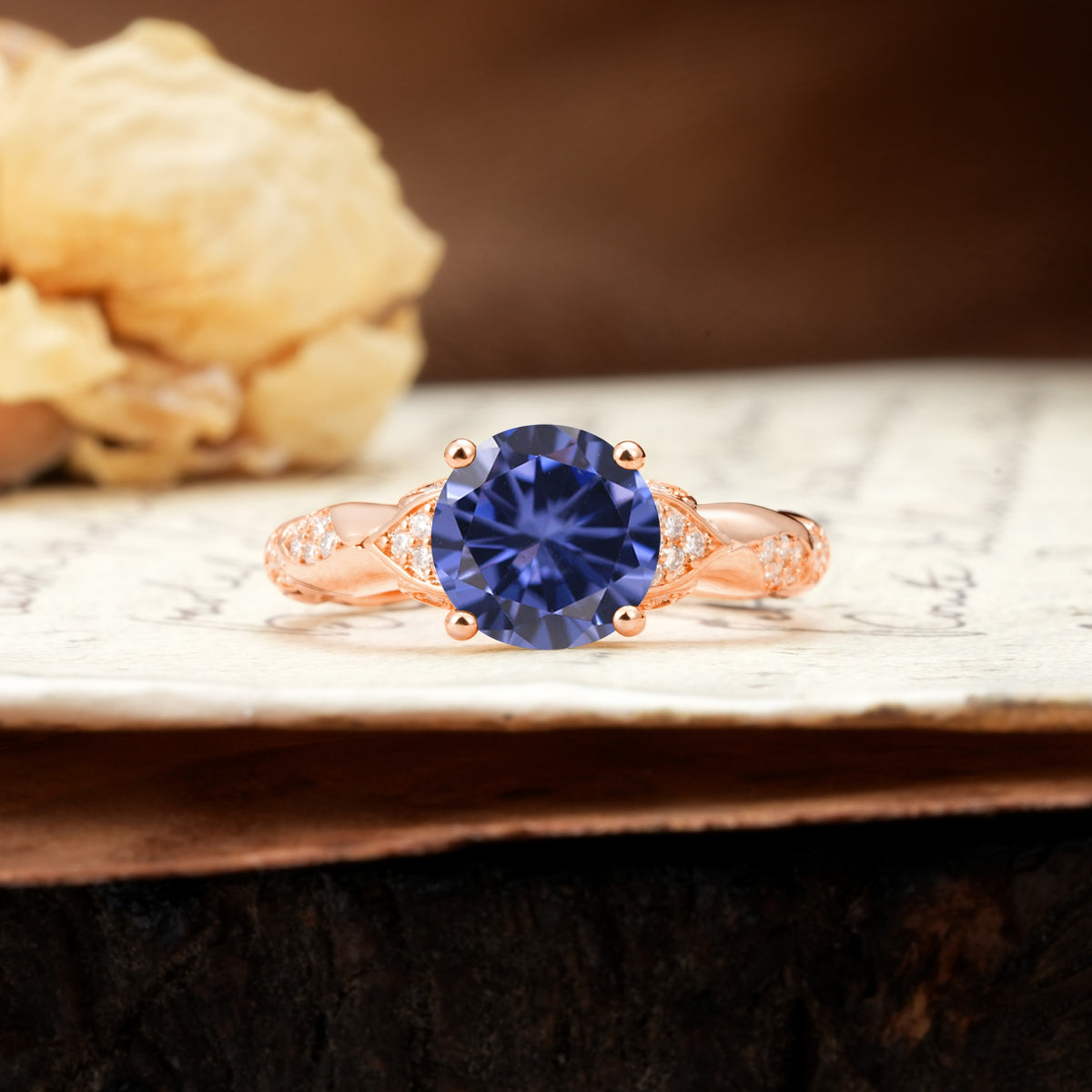Nature-Inspired, Uniquely Luxurious 4-Prong Round Cut Tanzanite Engagement Ring - Additional view