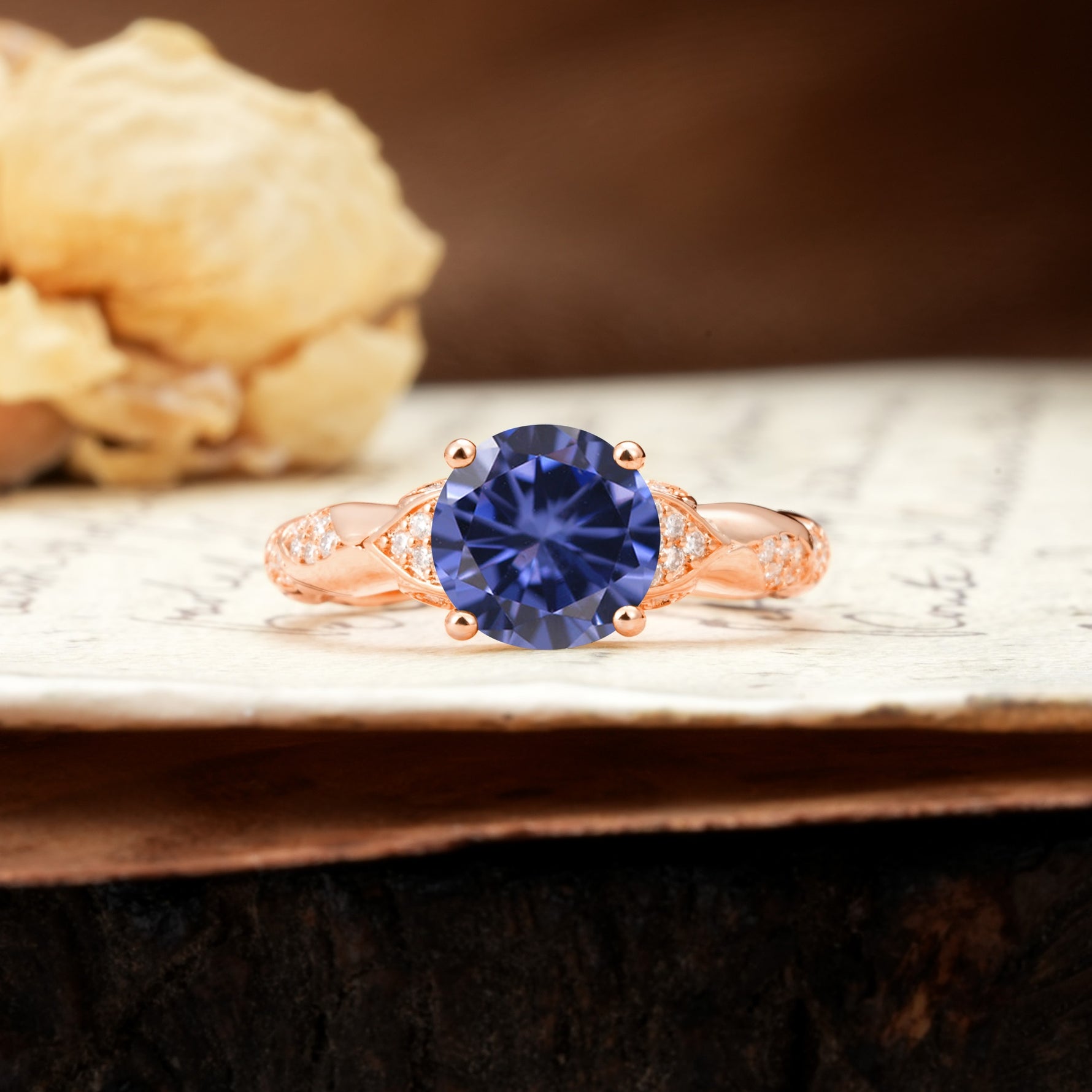 Nature-Inspired, Uniquely Luxurious 4-Prong Round Cut Tanzanite Engagement Ring - Additional view
