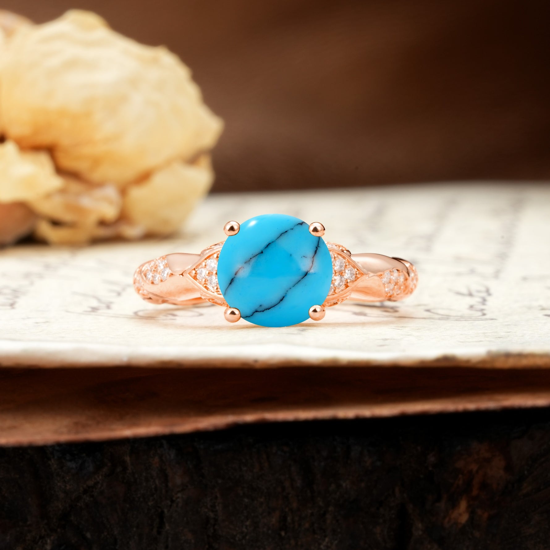 Nature-Inspired, Uniquely Luxurious 4-Prong Round Cut Turquoise Engagement Ring - Additional view