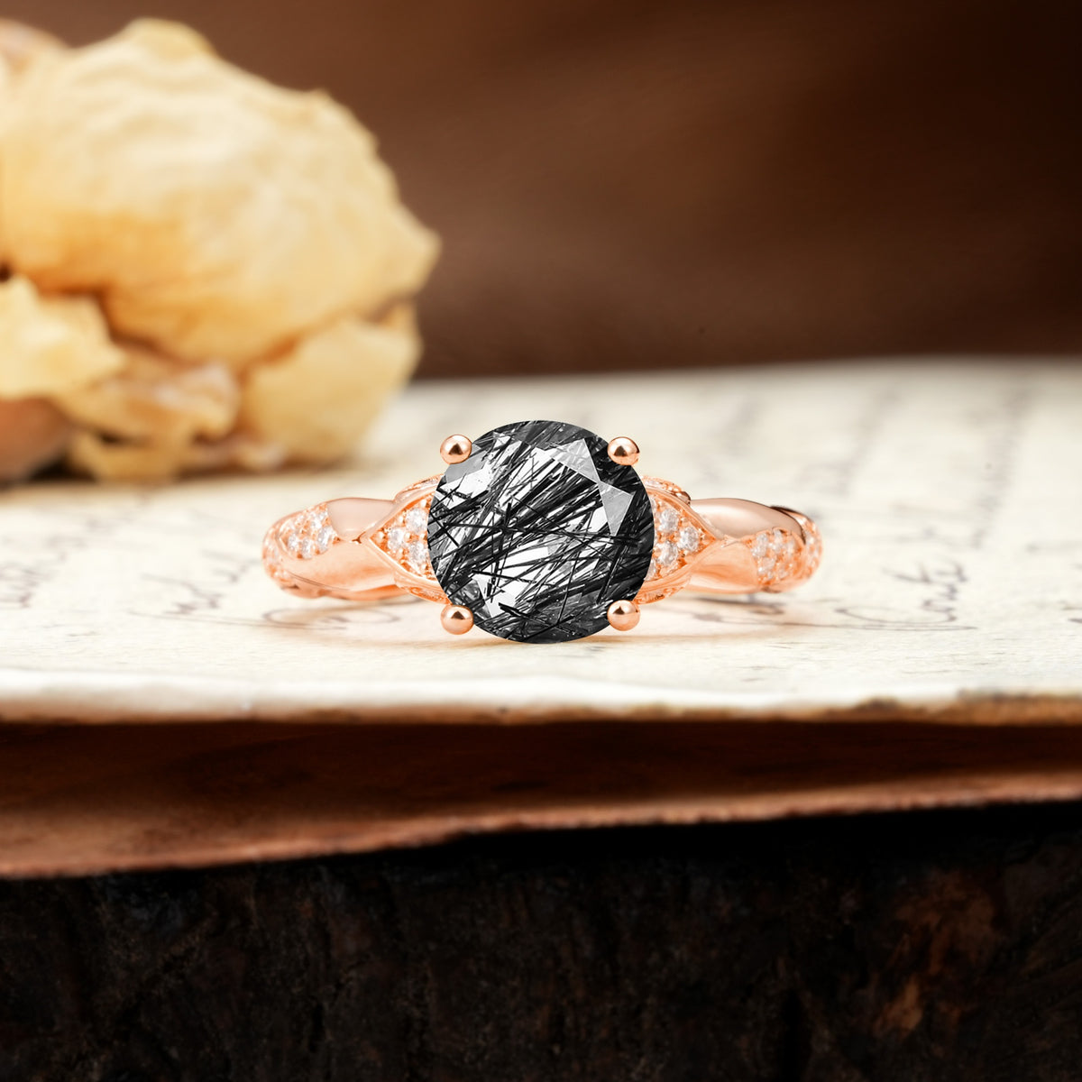 Nature-Inspired, Uniquely Luxurious 4-Prong Round Cut Black Rutilated Quartz Engagement Ring - Additional view