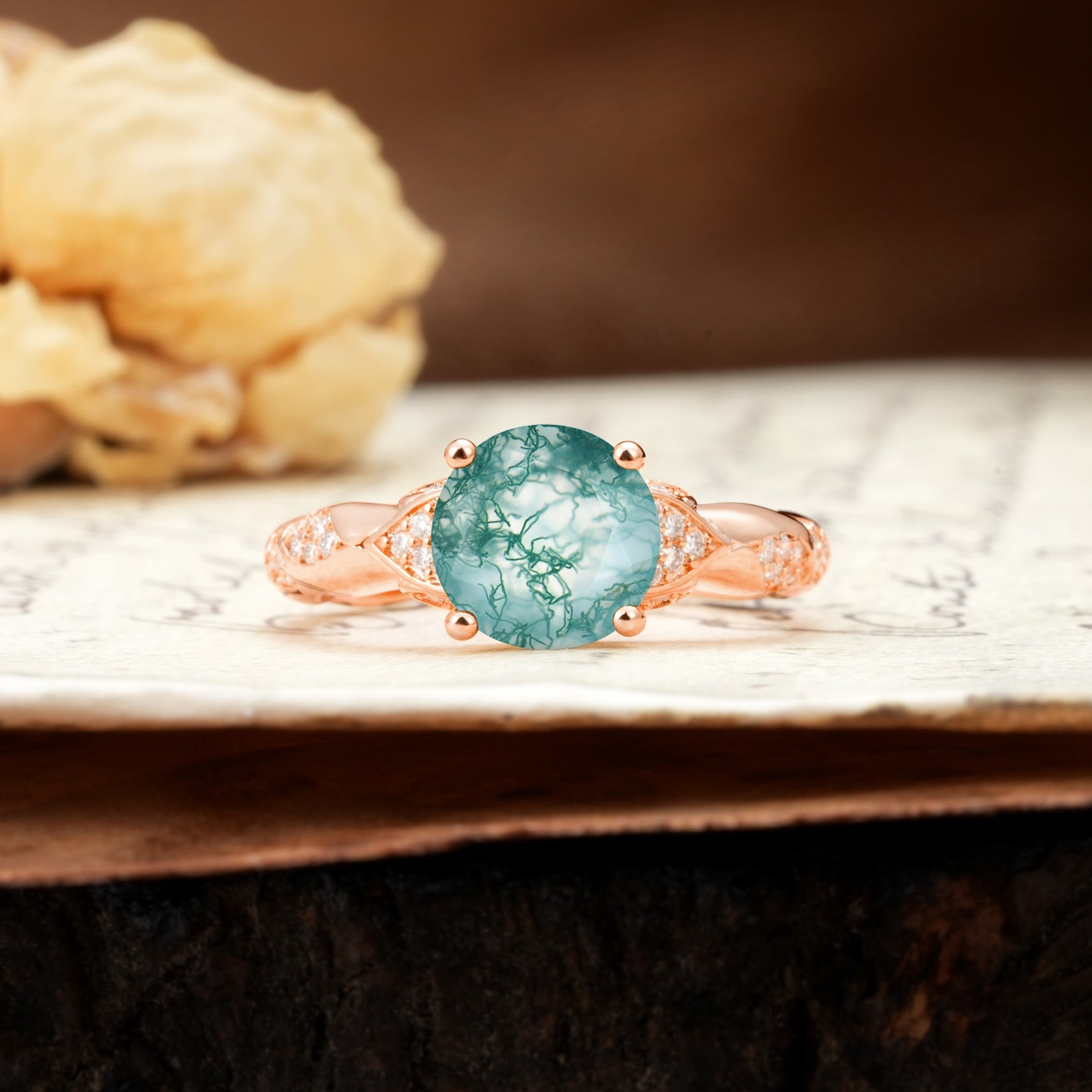 Nature-Inspired, Uniquely Luxurious 4-Prong Round Cut Moss Agate Engagement Ring - Additional view