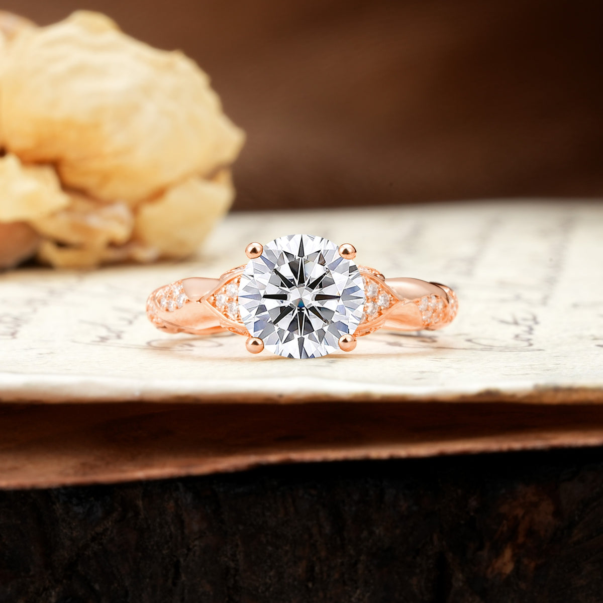 Nature-Inspired, Uniquely Luxurious 4-Prong Round Cut Lab Diamond Engagement Ring - Additional view