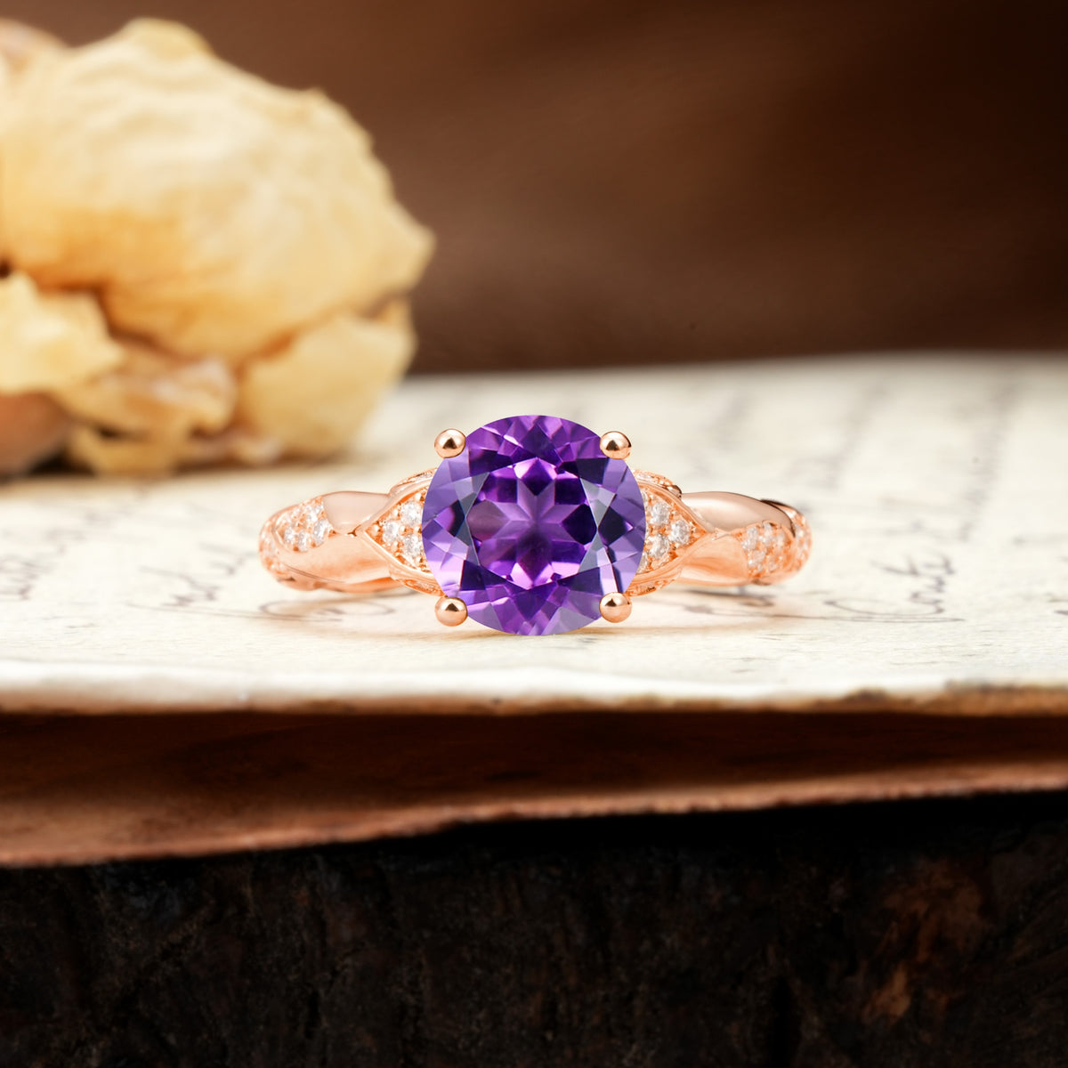 Nature-Inspired, Uniquely Luxurious 4-Prong Round Cut Amethyst Engagement Ring - Additional view