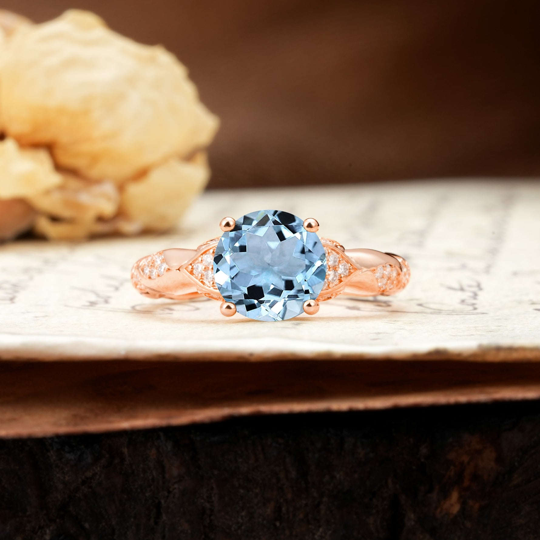 Nature-Inspired, Uniquely Luxurious 4-Prong Round Cut Aquamarine Engagement Ring - Additional view