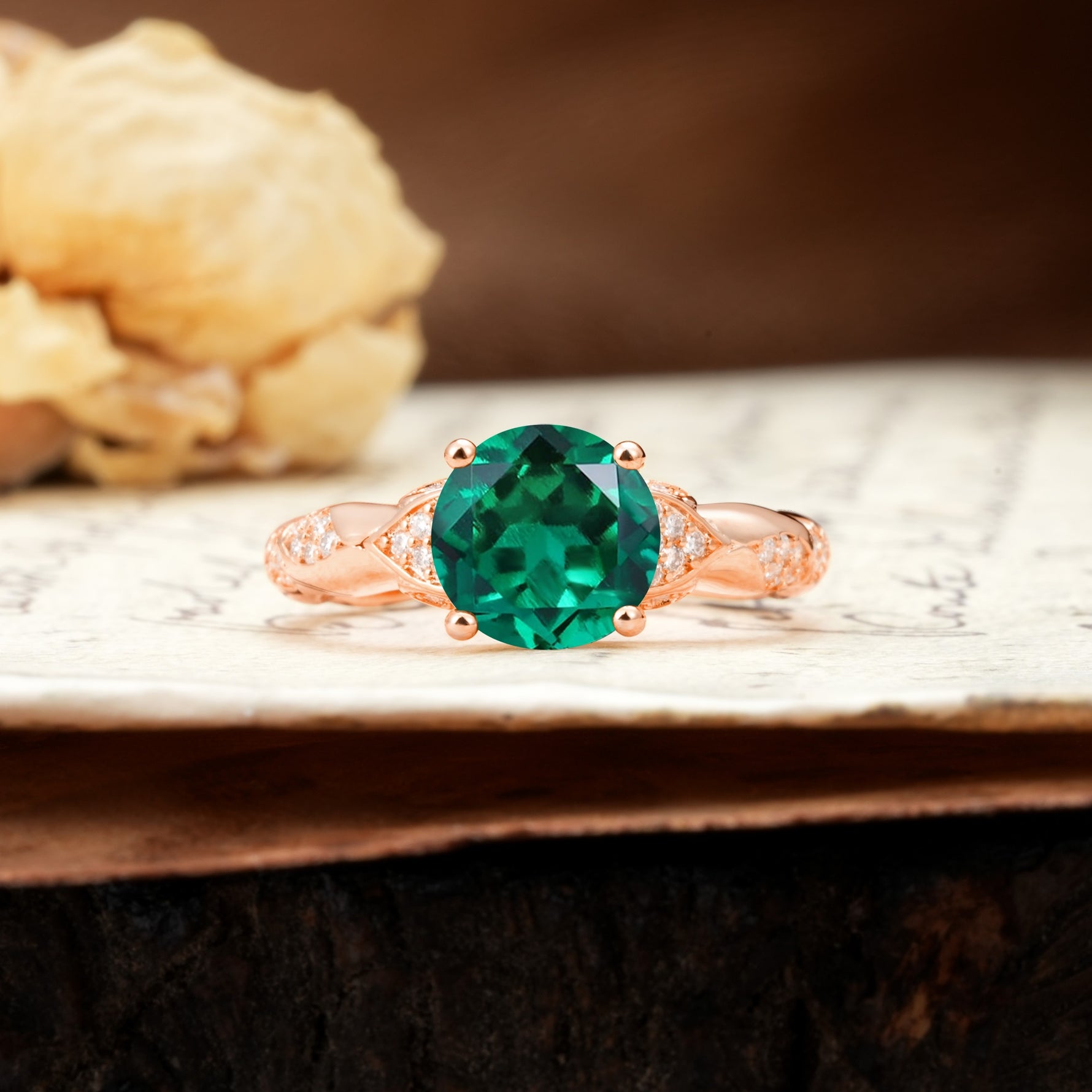 Nature-Inspired, Uniquely Luxurious 4-Prong Round Cut Emerald Engagement Ring - Additional view