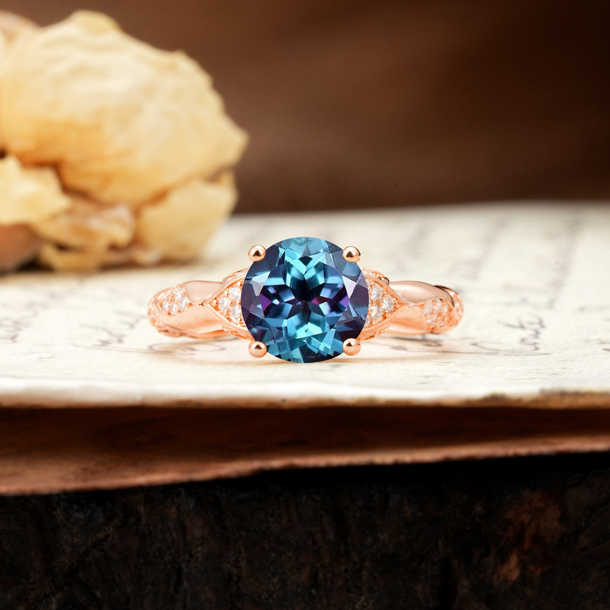 Nature-Inspired, Uniquely Luxurious 4-Prong Round Cut Alexandrite Engagement Ring - Additional view