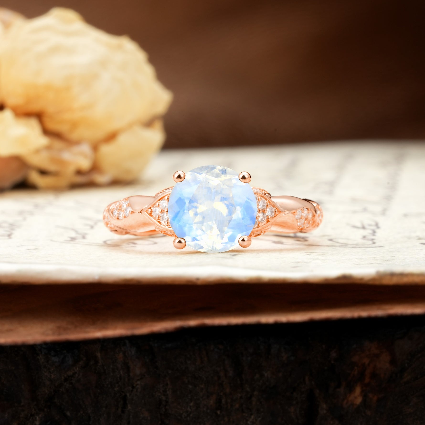 Nature-Inspired, Uniquely Luxurious 4-Prong Round Cut Moonstone Engagement Ring - Additional view