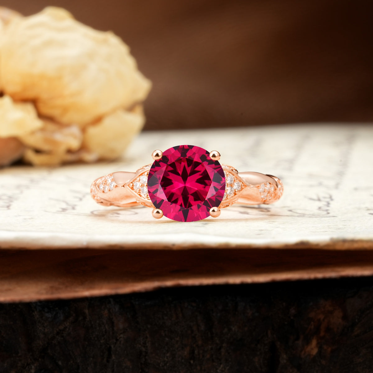 Nature-Inspired, Uniquely Luxurious 4-Prong Round Cut Ruby Engagement Ring - Additional view
