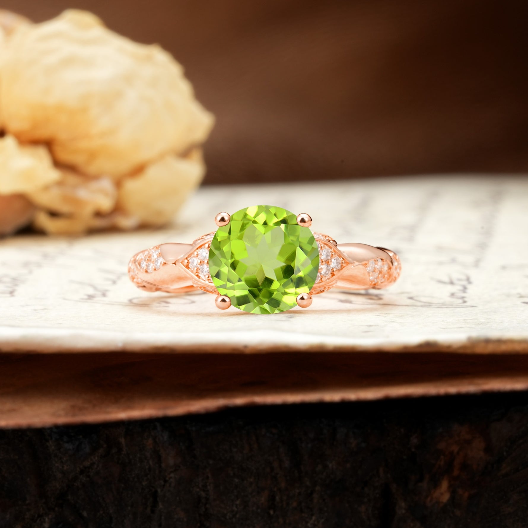 Nature-Inspired, Uniquely Luxurious 4-Prong Round Cut Peridot Engagement Ring - Additional view