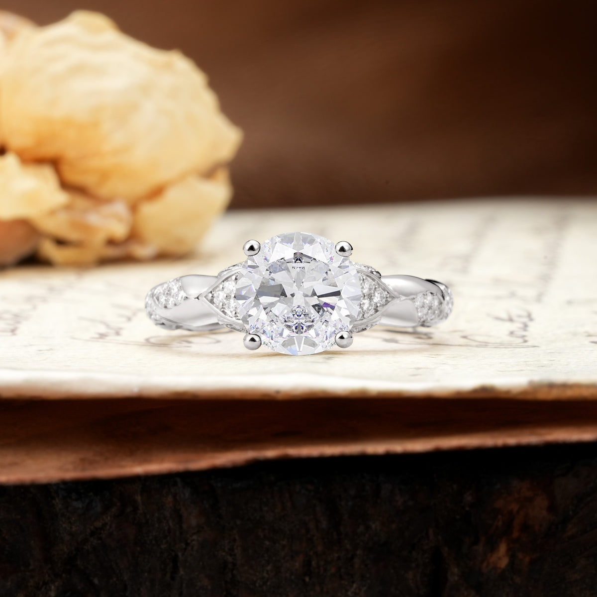 Nature-Inspired, Uniquely Luxurious 4-Prong Round Cut Moissanite Engagement Ring - Additional view
