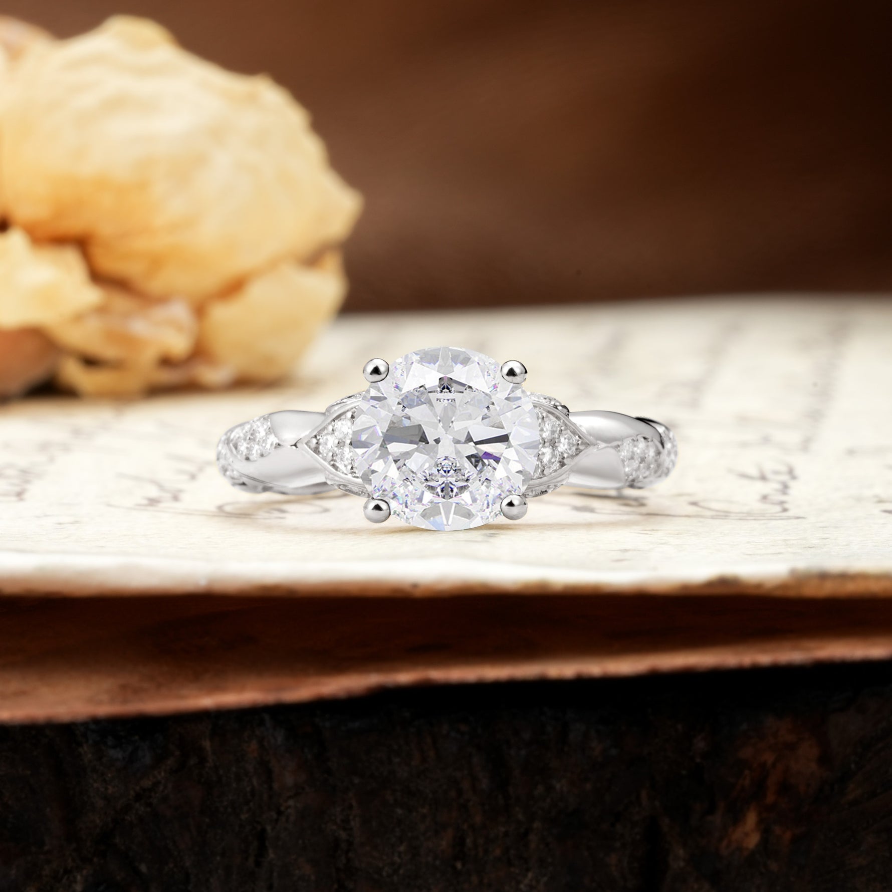 Nature-Inspired, Uniquely Luxurious 4-Prong Round Cut Moissanite Engagement Ring - Additional view