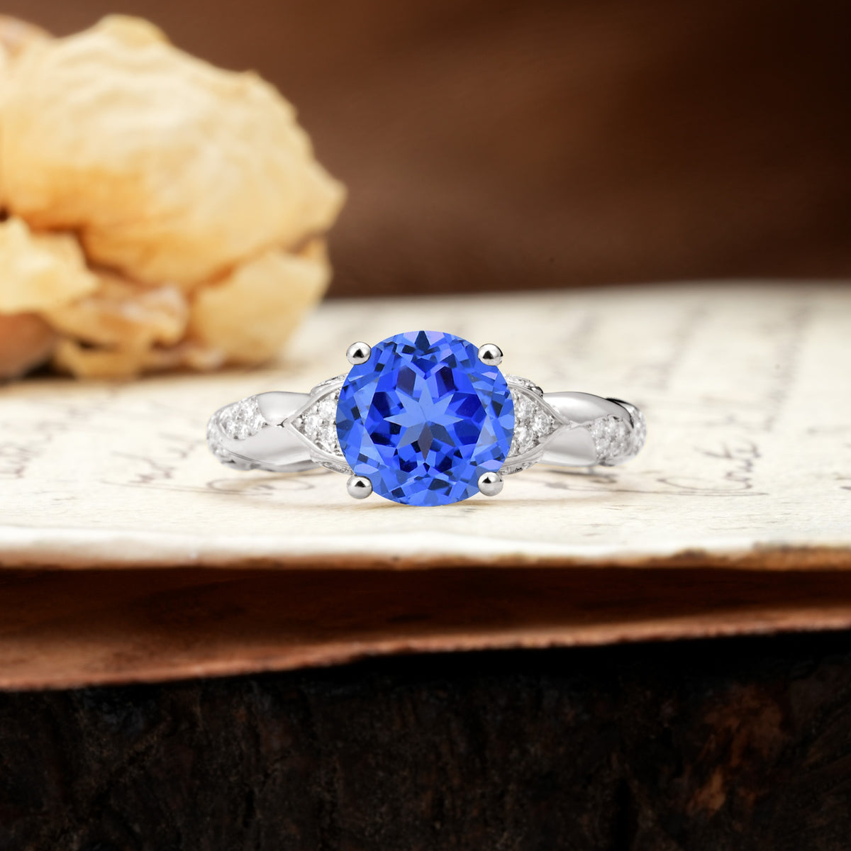 Nature-Inspired, Uniquely Luxurious 4-Prong Round Cut Sapphire Engagement Ring - Additional view