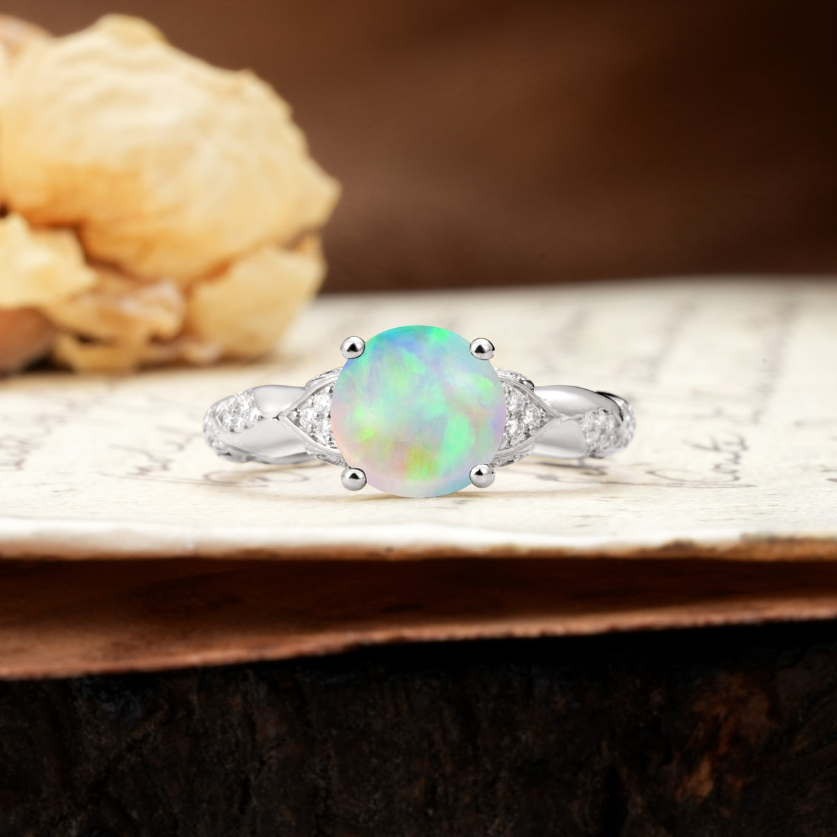 Nature-Inspired, Uniquely Luxurious 4-Prong Round Cut Fire Opal Engagement Ring - Additional view
