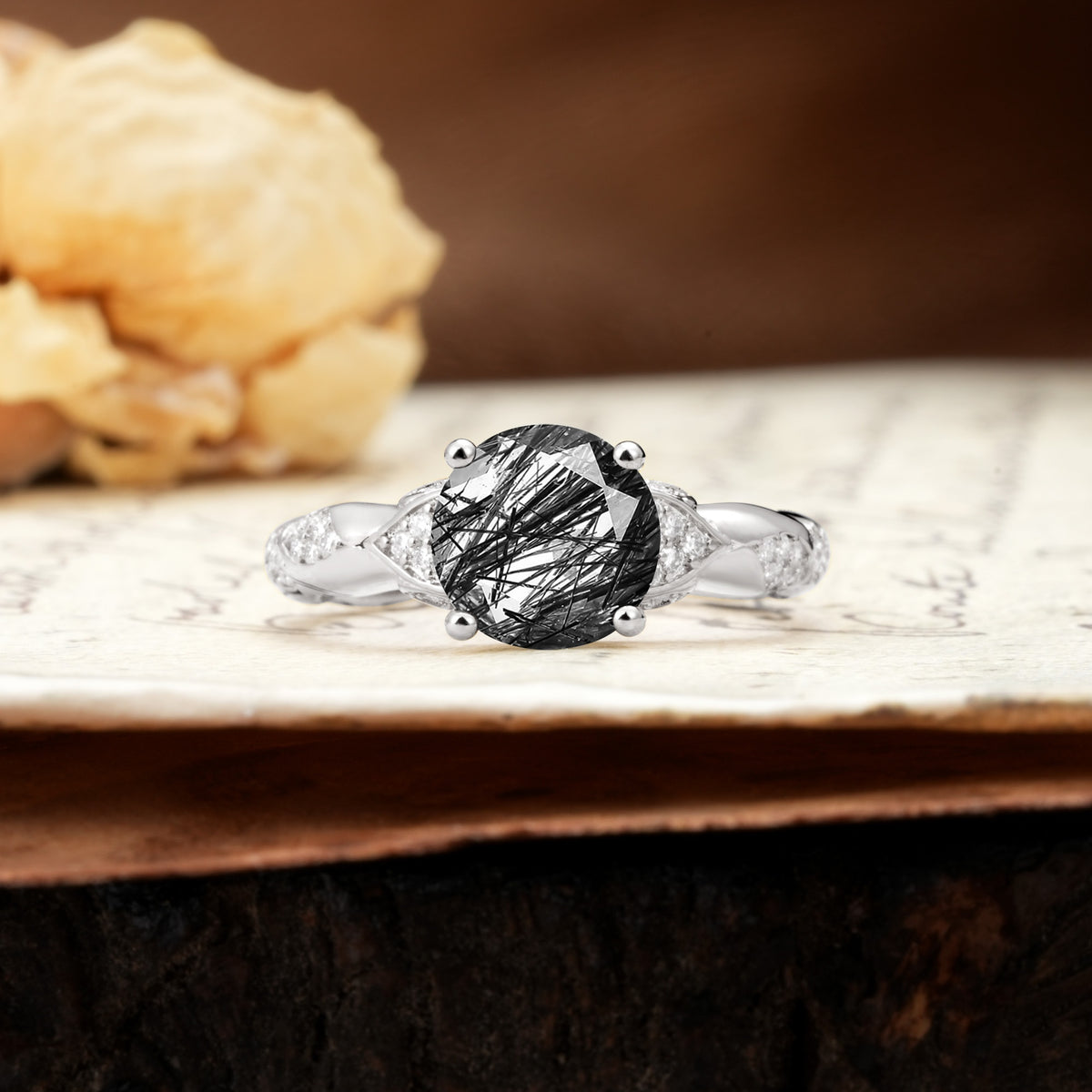 Nature-Inspired, Uniquely Luxurious 4-Prong Round Cut Black Rutilated Quartz Engagement Ring - Additional view