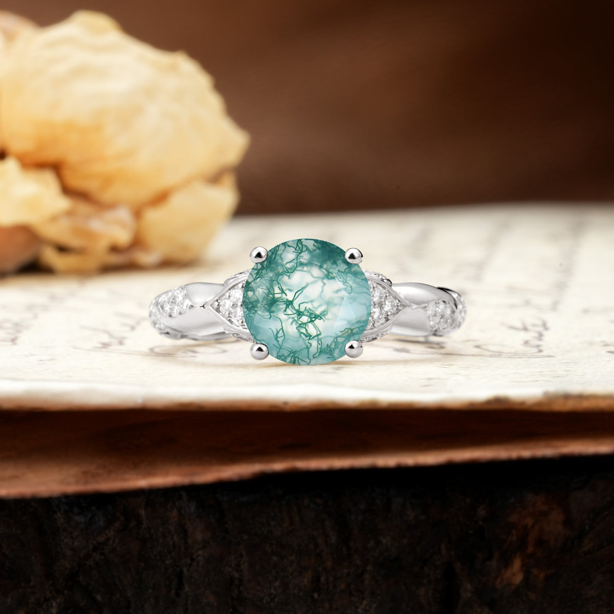 Nature-Inspired, Uniquely Luxurious 4-Prong Round Cut Moss Agate Engagement Ring - Additional view