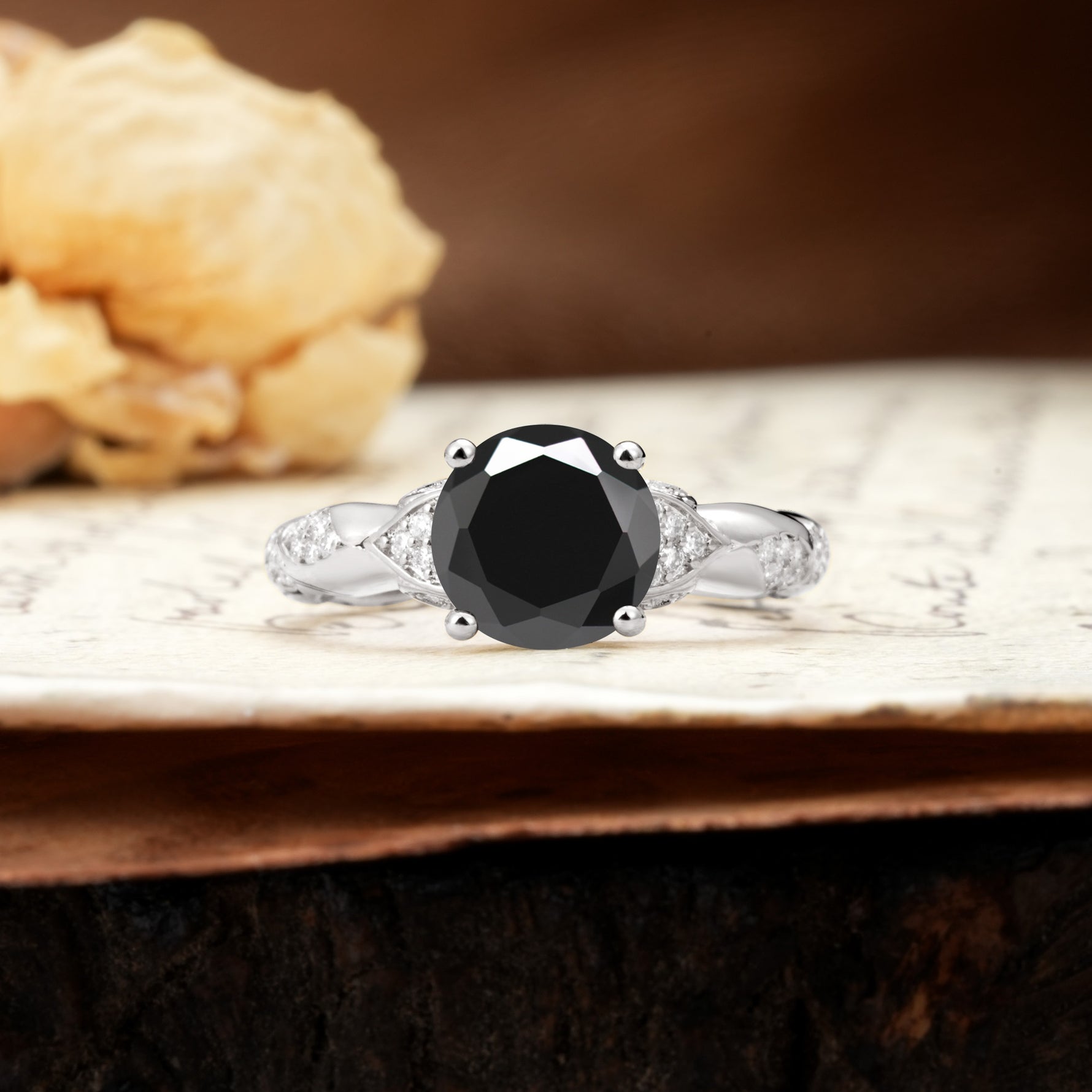 Nature-Inspired, Uniquely Luxurious 4-Prong Round Cut Black Onyx Engagement Ring - Additional view