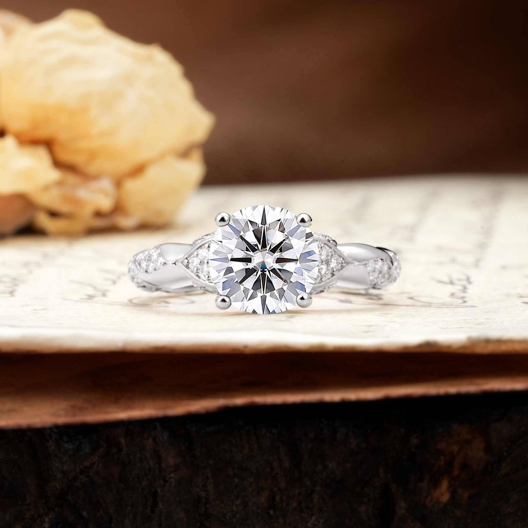 Nature-Inspired, Uniquely Luxurious 4-Prong Round Cut Lab Diamond Engagement Ring - Additional view