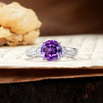 Nature-Inspired, Uniquely Luxurious 4-Prong Round Cut Amethyst Engagement Ring - Additional view
