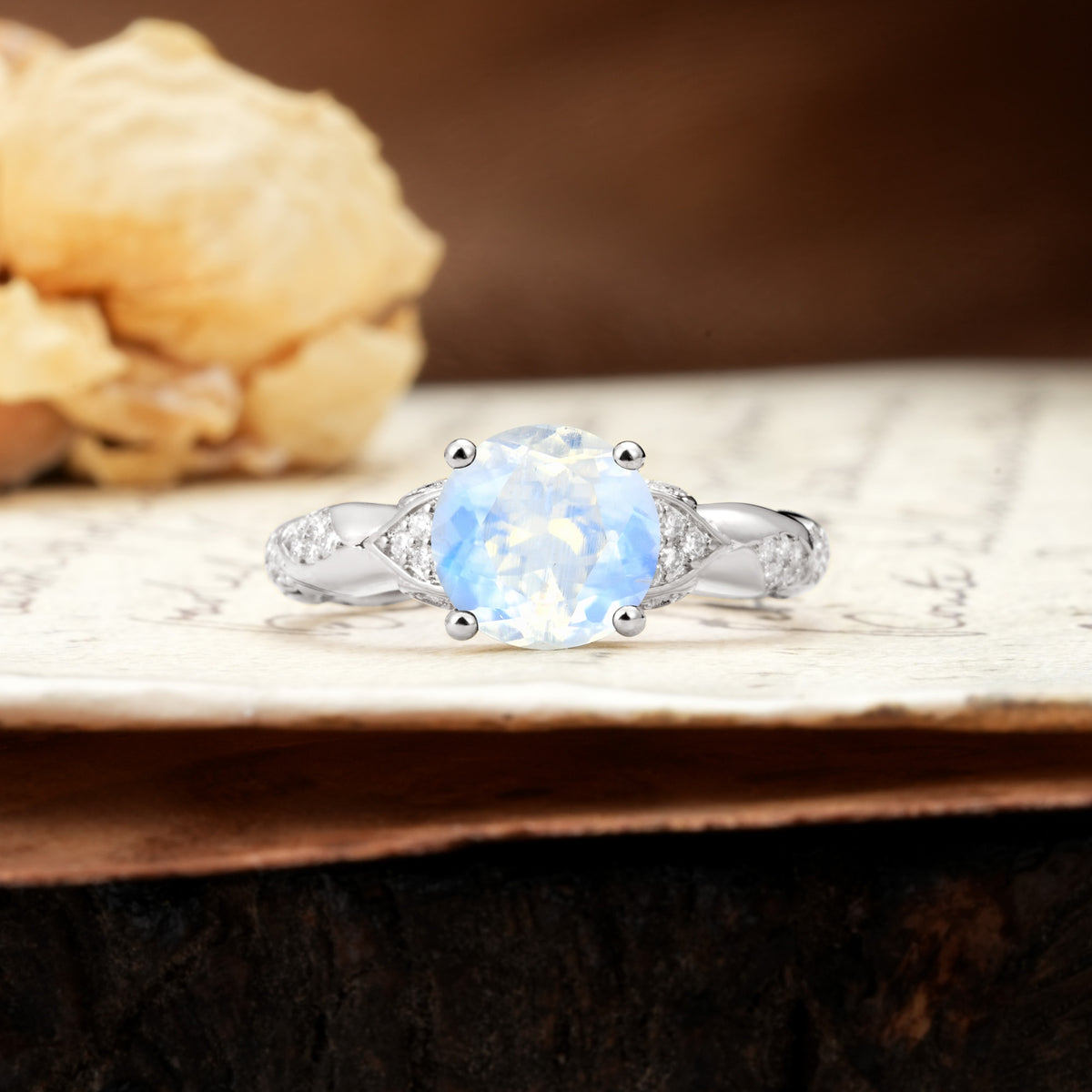 Nature-Inspired, Uniquely Luxurious 4-Prong Round Cut Moonstone Engagement Ring - Additional view