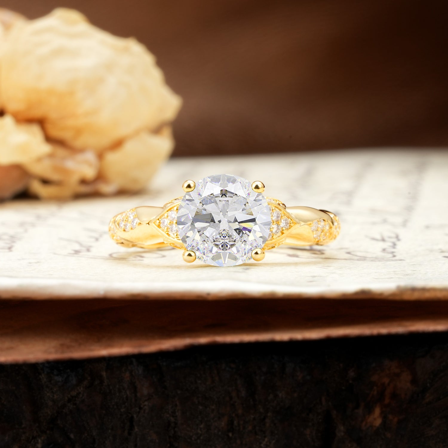 Nature-Inspired, Uniquely Luxurious 4-Prong Round Cut Moissanite Engagement Ring - Additional view