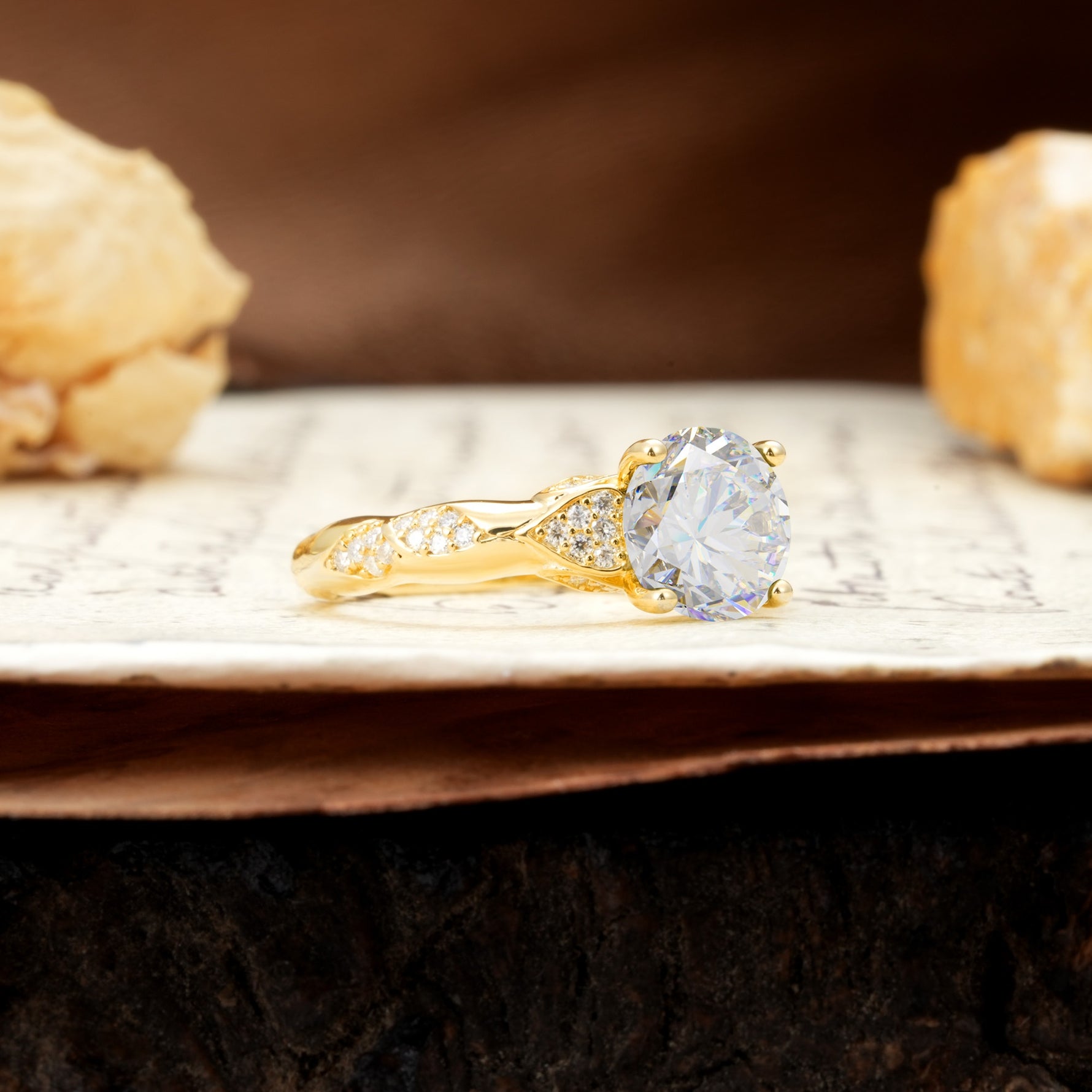 Nature-Inspired, Uniquely Luxurious 4-Prong Round Cut Moissanite Engagement Ring - Additional view