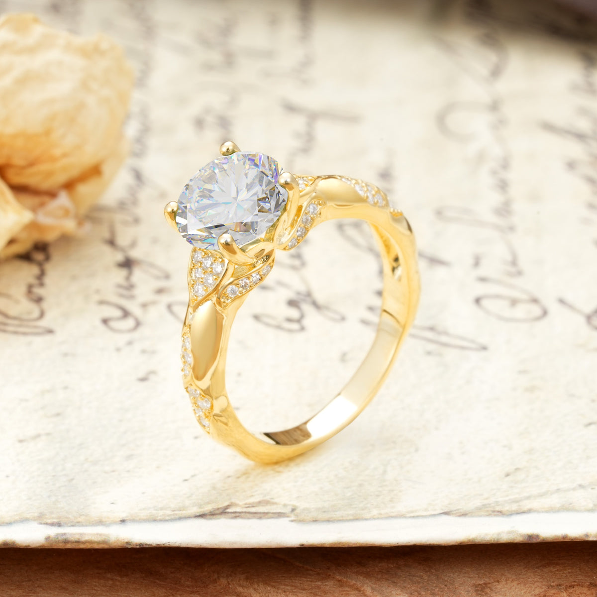 Nature-Inspired, Uniquely Luxurious 4-Prong Round Cut Moissanite Engagement Ring - Additional view
