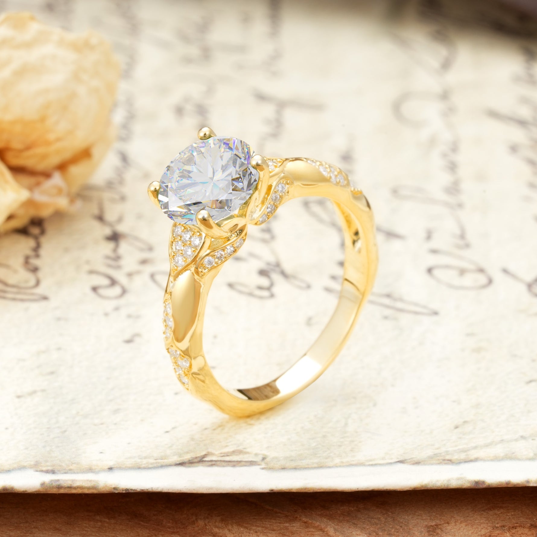 Nature-Inspired, Uniquely Luxurious 4-Prong Round Cut Moissanite Engagement Ring - Additional view