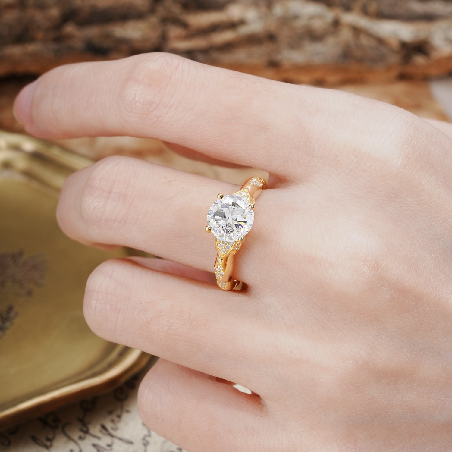 Nature-Inspired, Uniquely Luxurious 4-Prong Round Cut Moissanite Engagement Ring - Additional view