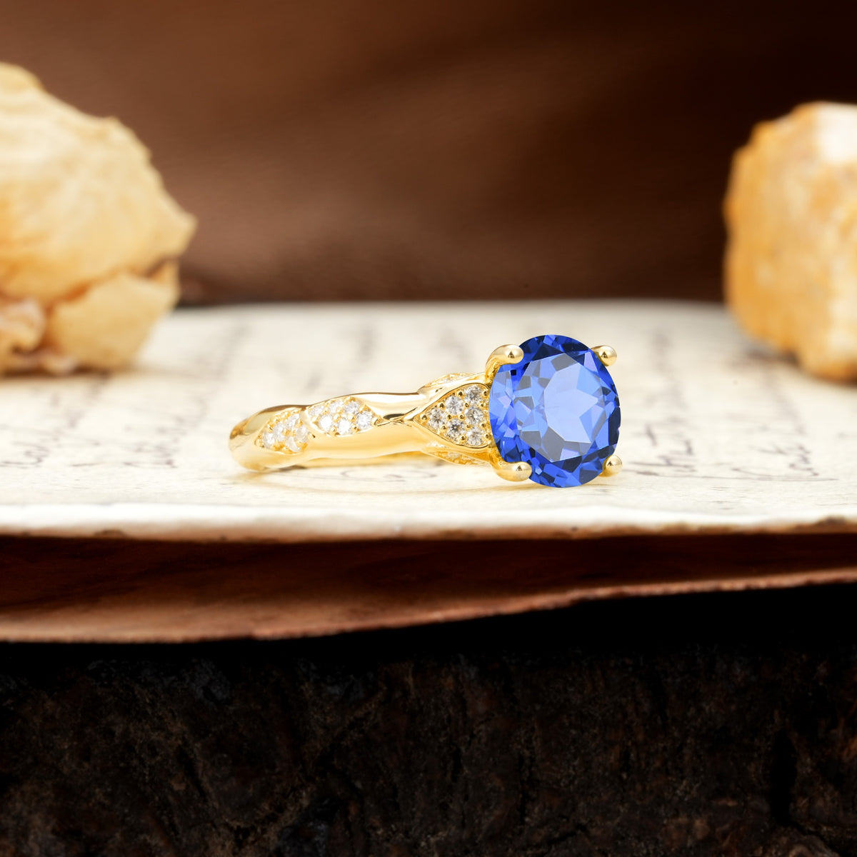 Nature-Inspired, Uniquely Luxurious 4-Prong Round Cut Sapphire Engagement Ring - Additional view