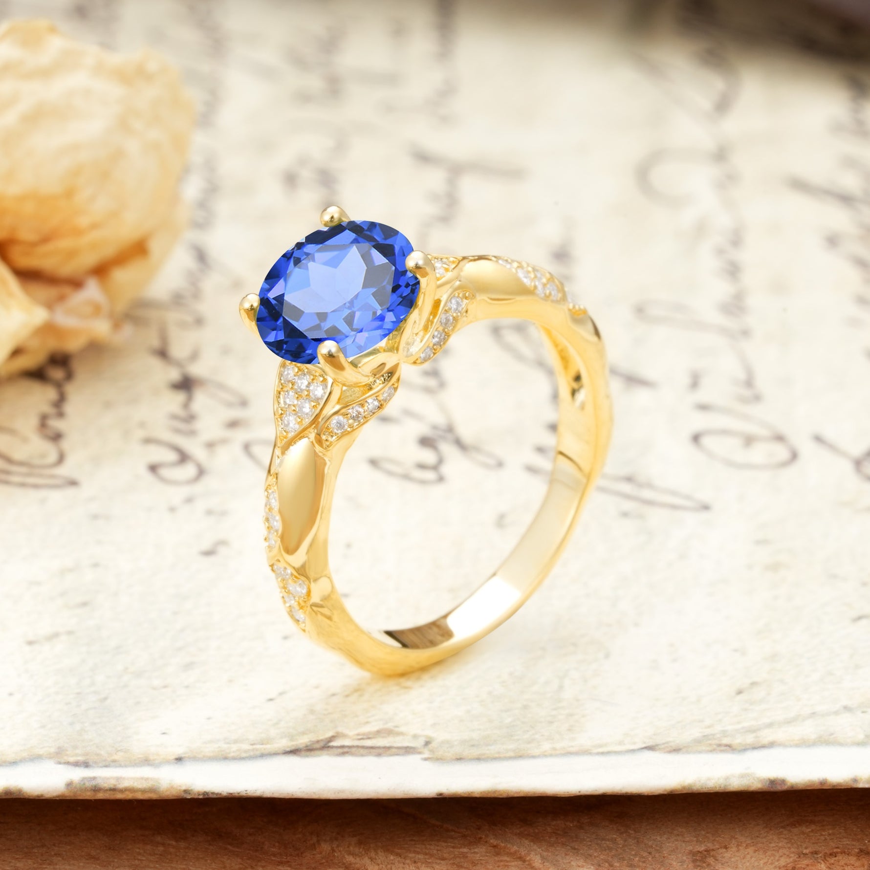 Nature-Inspired, Uniquely Luxurious 4-Prong Round Cut Sapphire Engagement Ring - Additional view