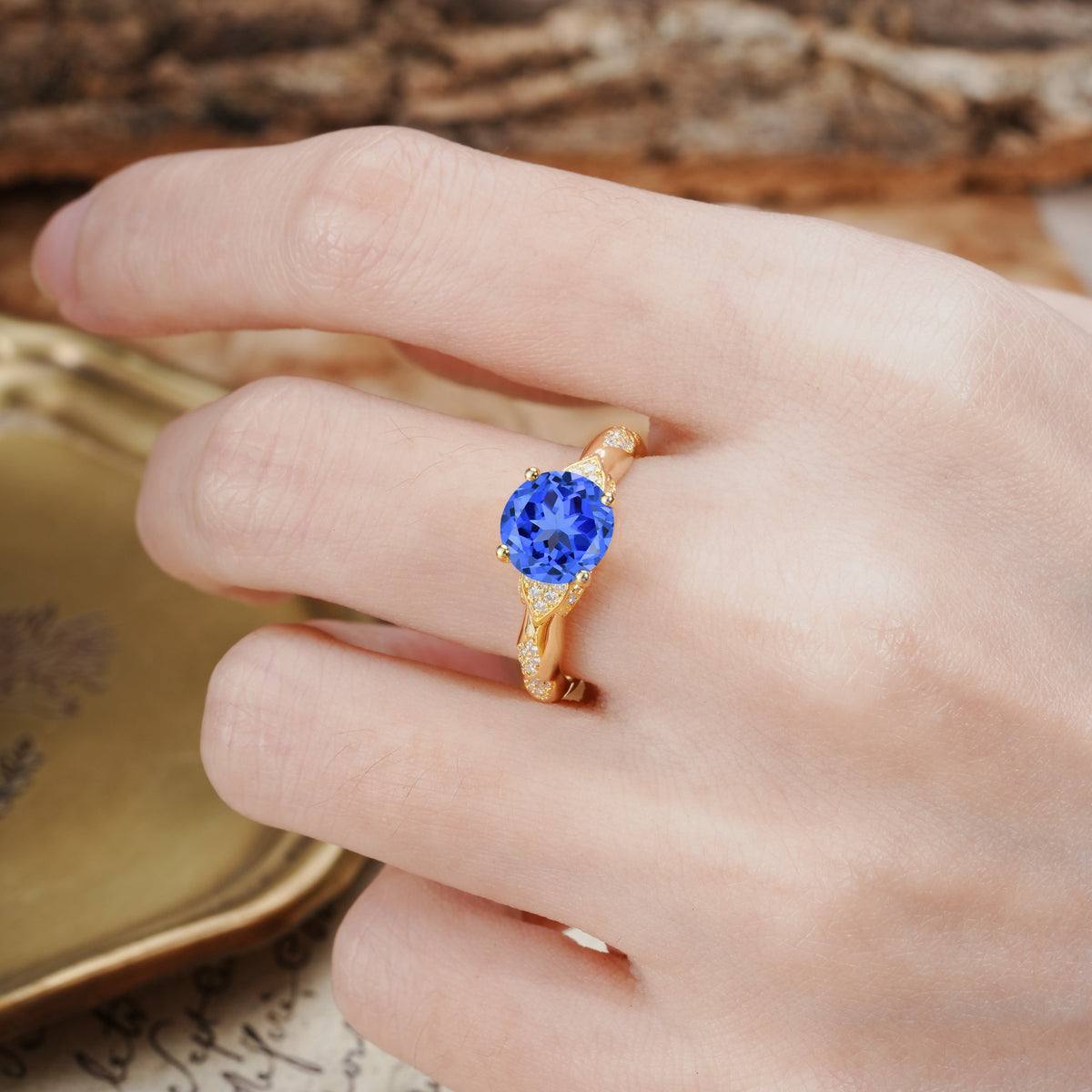 Nature-Inspired, Uniquely Luxurious 4-Prong Round Cut Sapphire Engagement Ring - Additional view