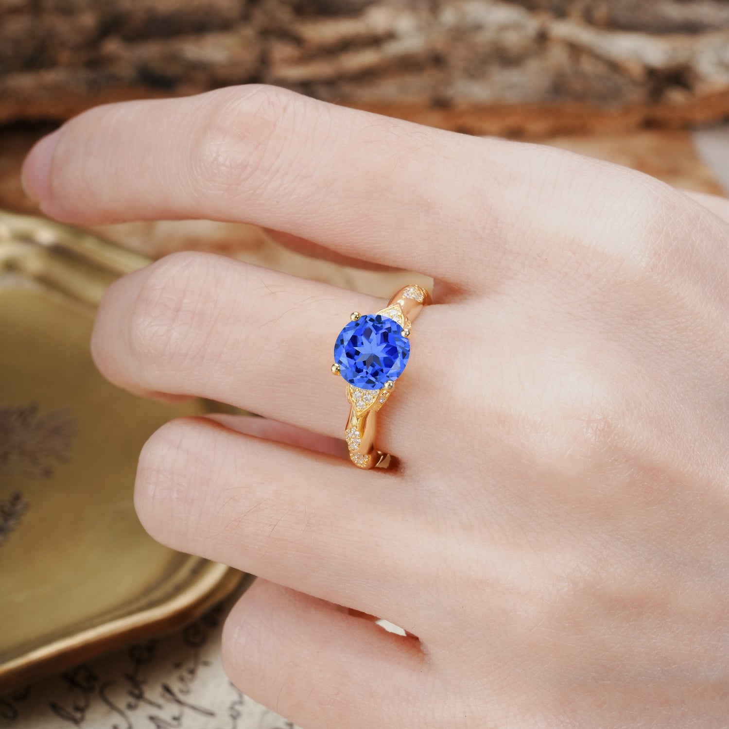 Nature-Inspired, Uniquely Luxurious 4-Prong Round Cut Sapphire Engagement Ring - Additional view