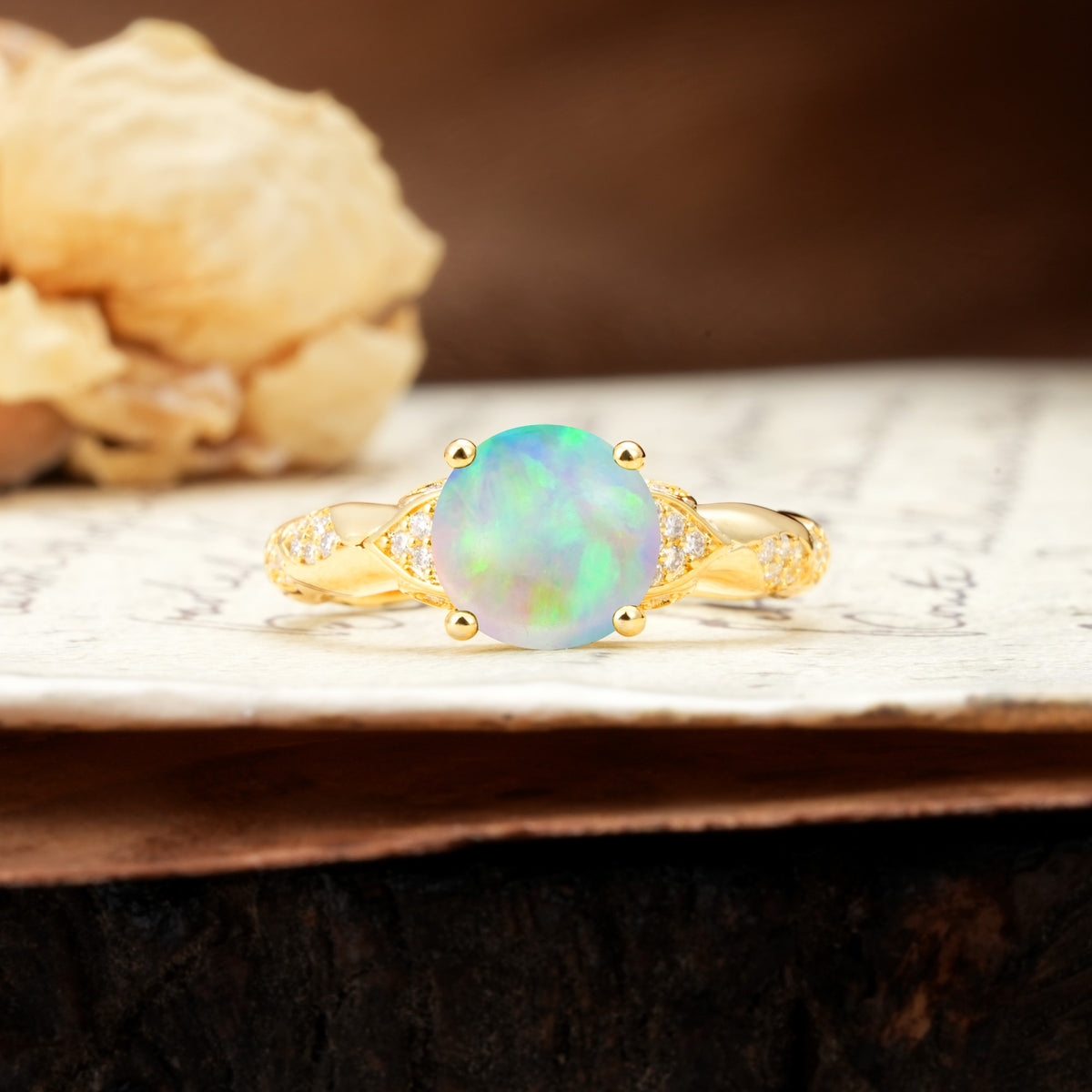 Nature-Inspired, Uniquely Luxurious 4-Prong Round Cut Fire Opal Engagement Ring - Additional view