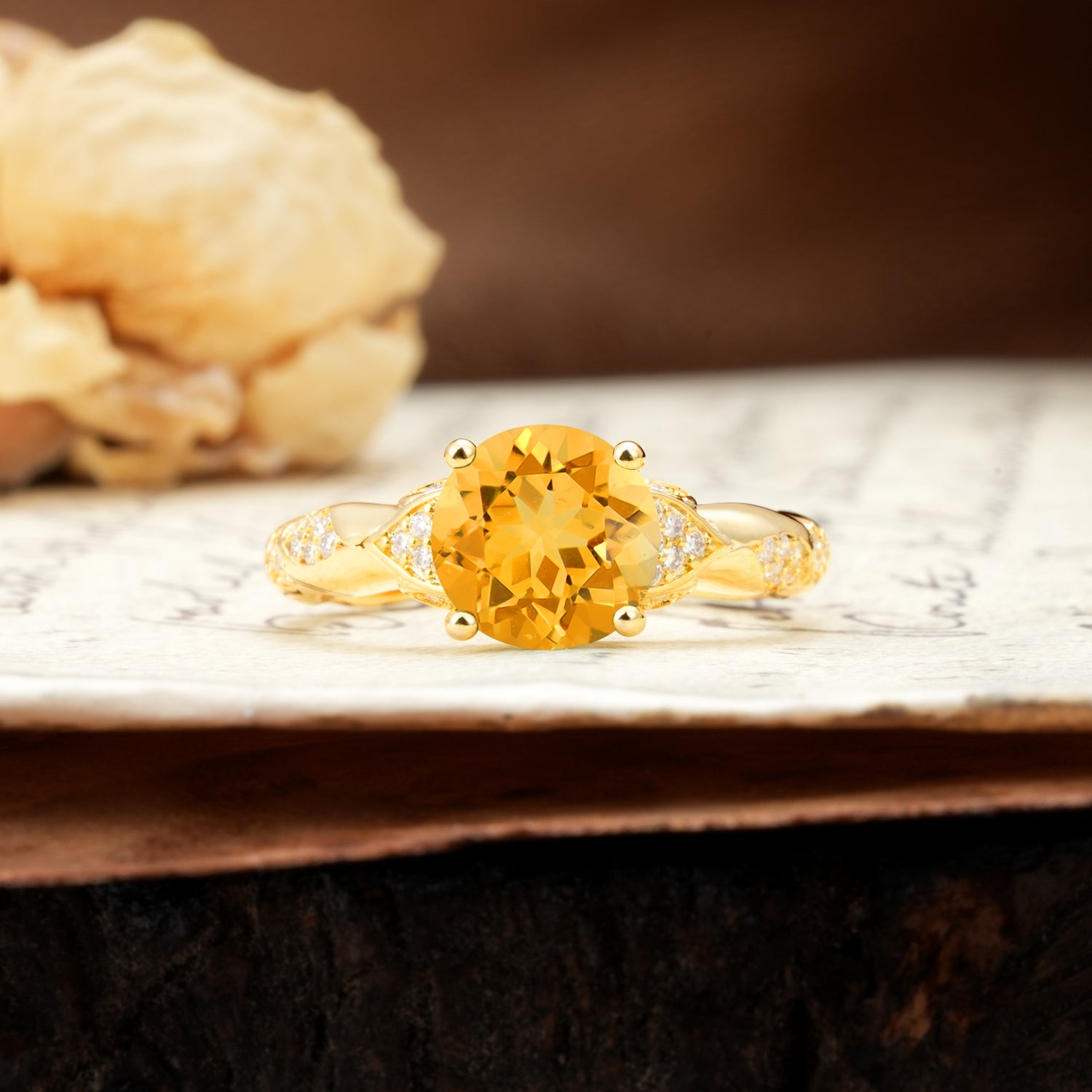 Nature-Inspired, Uniquely Luxurious 4-Prong Round Cut Citrine Engagement Ring