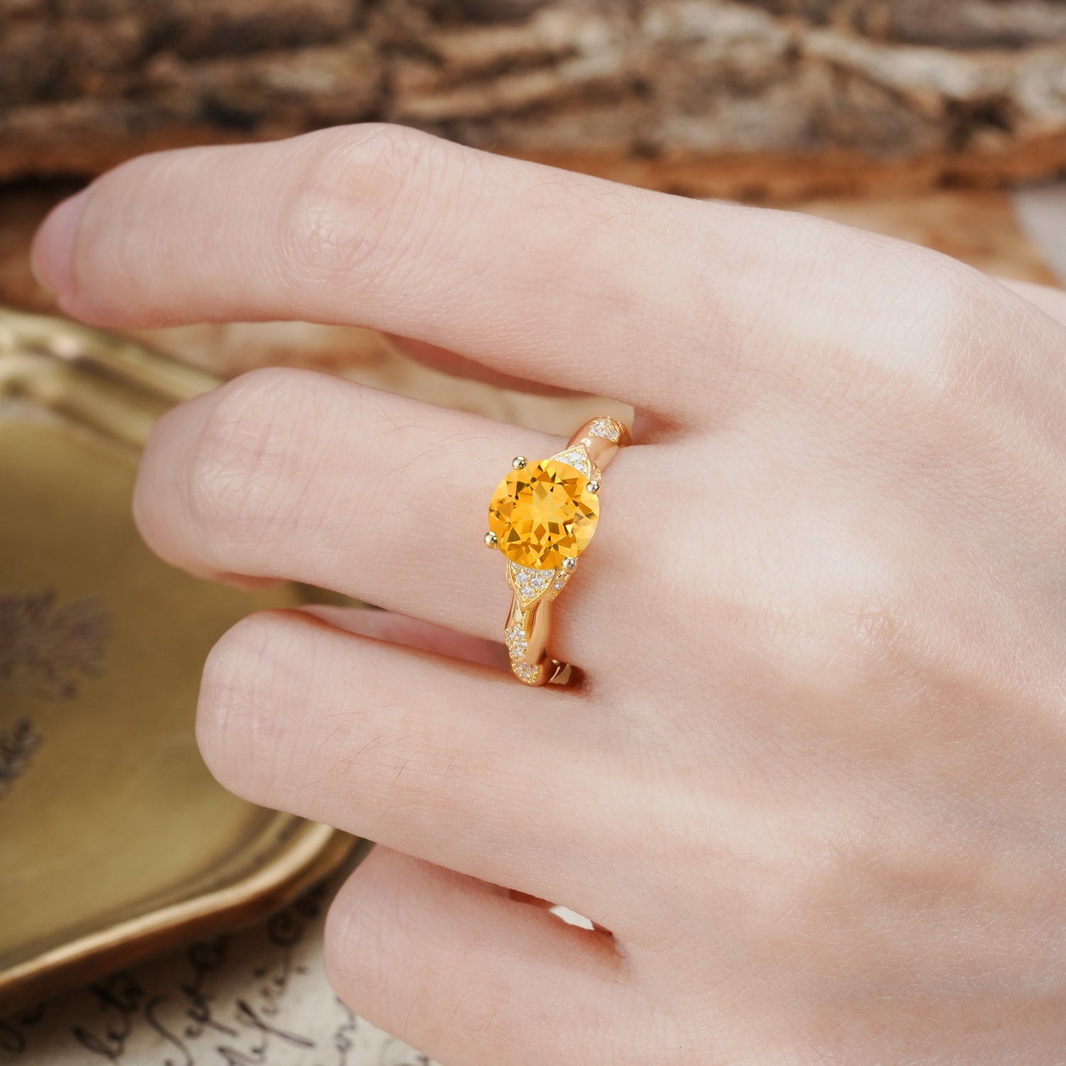 Nature-Inspired, Uniquely Luxurious 4-Prong Round Cut Citrine Engagement Ring