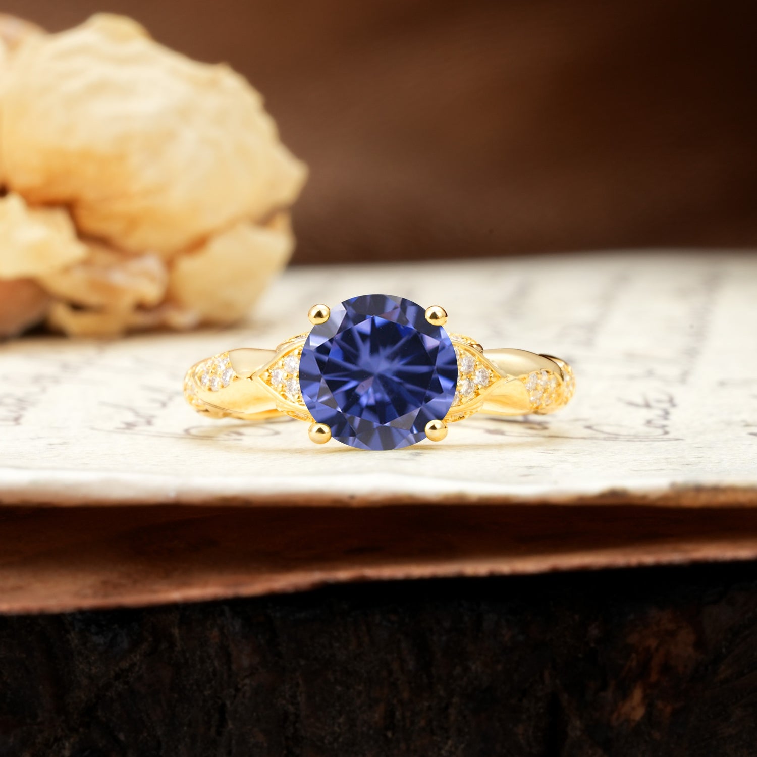 Nature-Inspired, Uniquely Luxurious 4-Prong Round Cut Tanzanite Engagement Ring