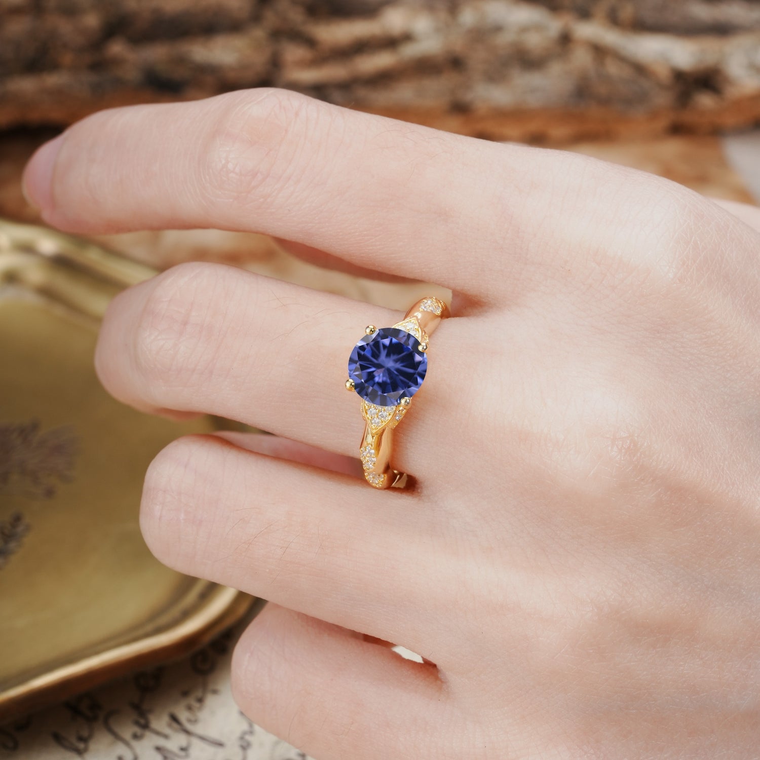 Nature-Inspired, Uniquely Luxurious 4-Prong Round Cut Tanzanite Engagement Ring