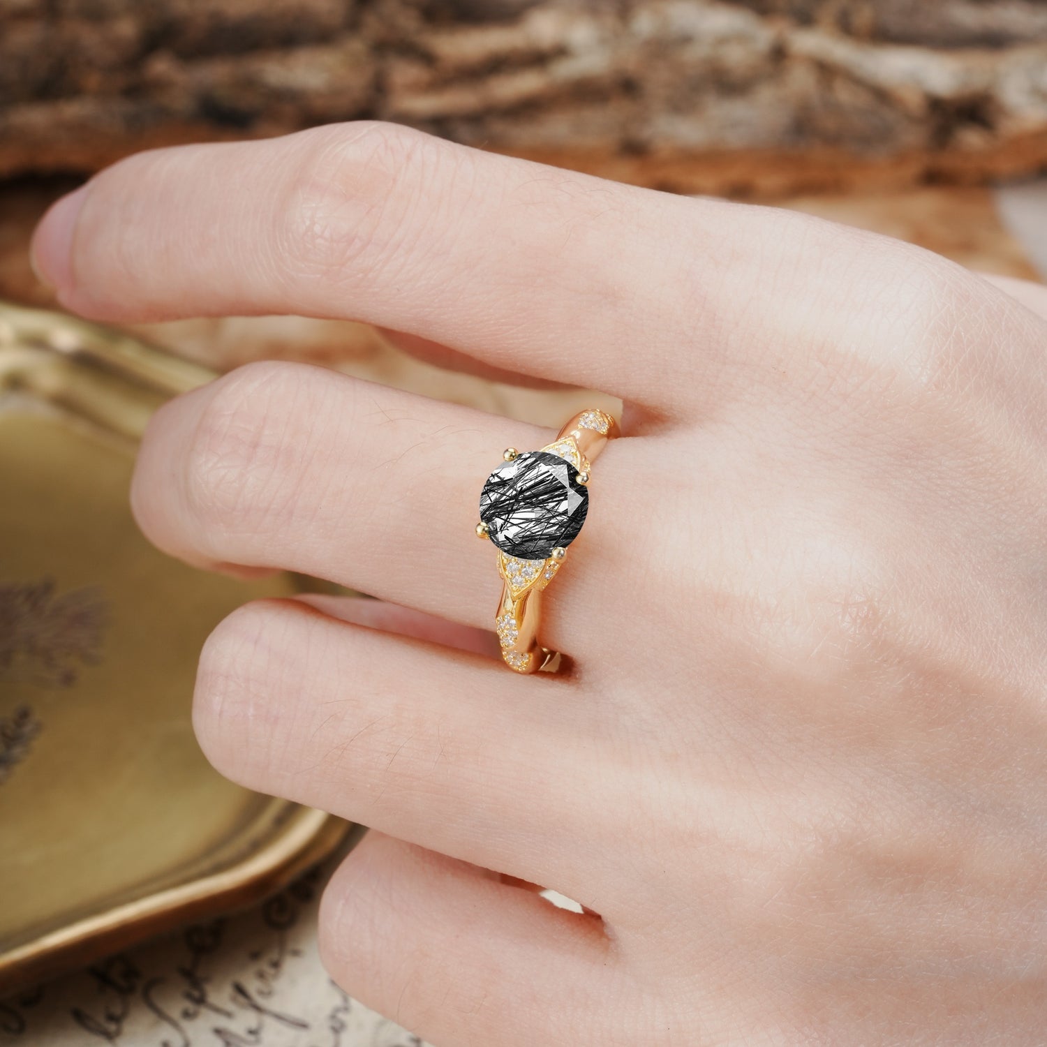 Nature-Inspired, Uniquely Luxurious 4-Prong Round Cut Black Rutilated Quartz Engagement Ring
