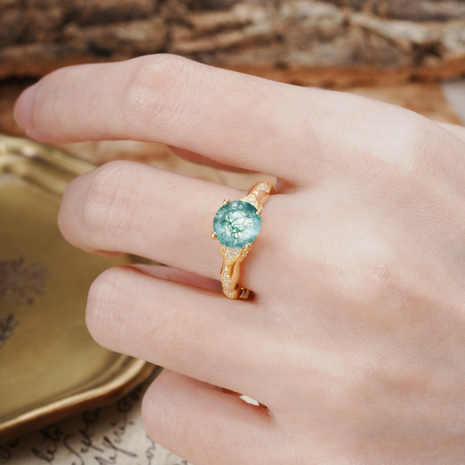 Nature-Inspired, Uniquely Luxurious 4-Prong Round Cut Moss Agate Engagement Ring