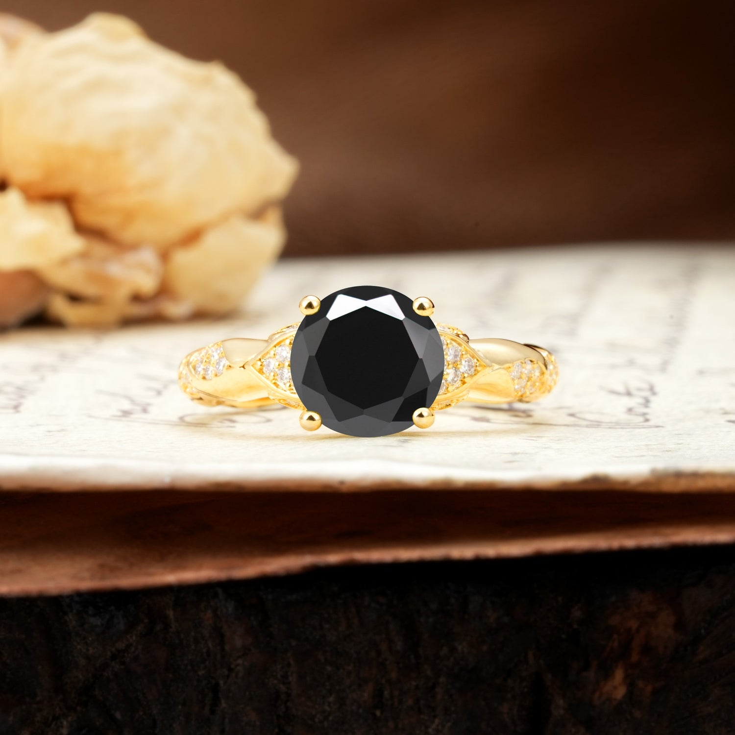 Nature-Inspired, Uniquely Luxurious 4-Prong Round Cut Black Onyx Engagement Ring
