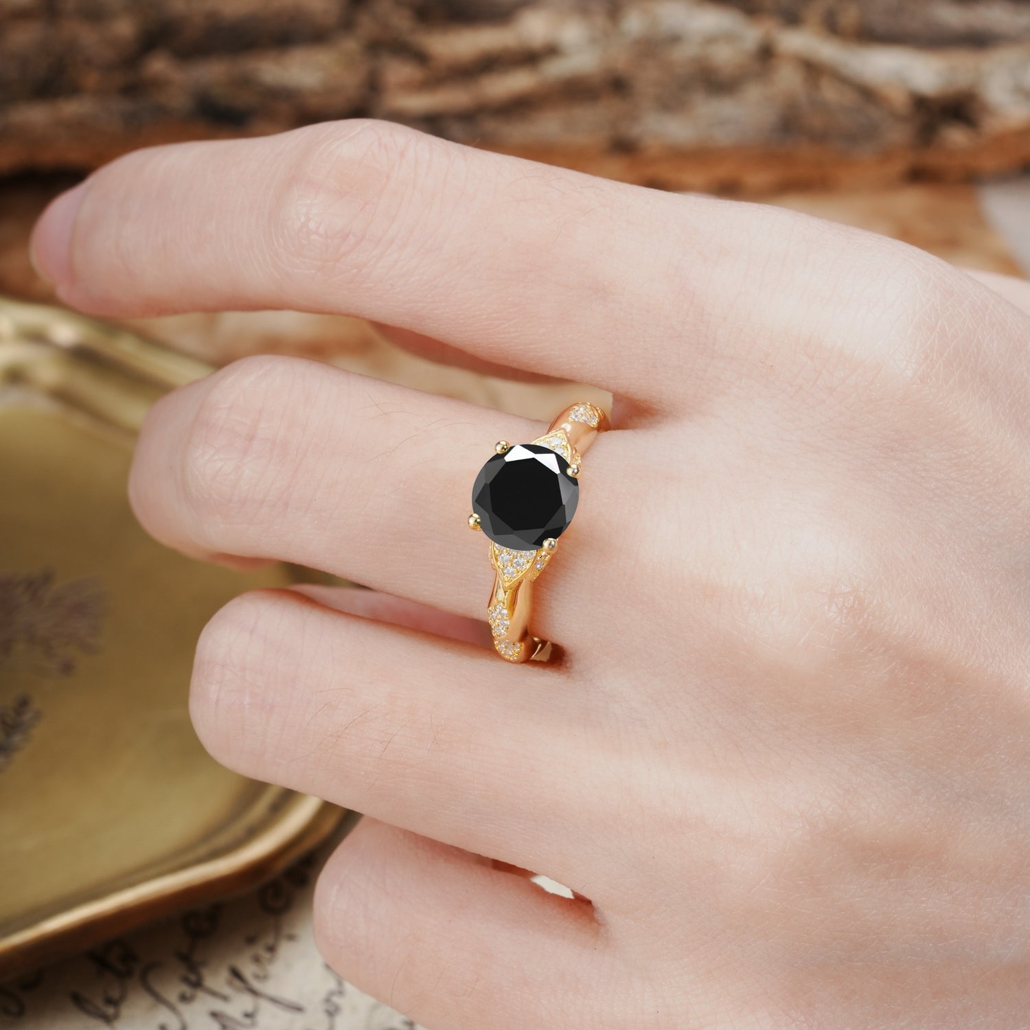Nature-Inspired, Uniquely Luxurious 4-Prong Round Cut Black Onyx Engagement Ring