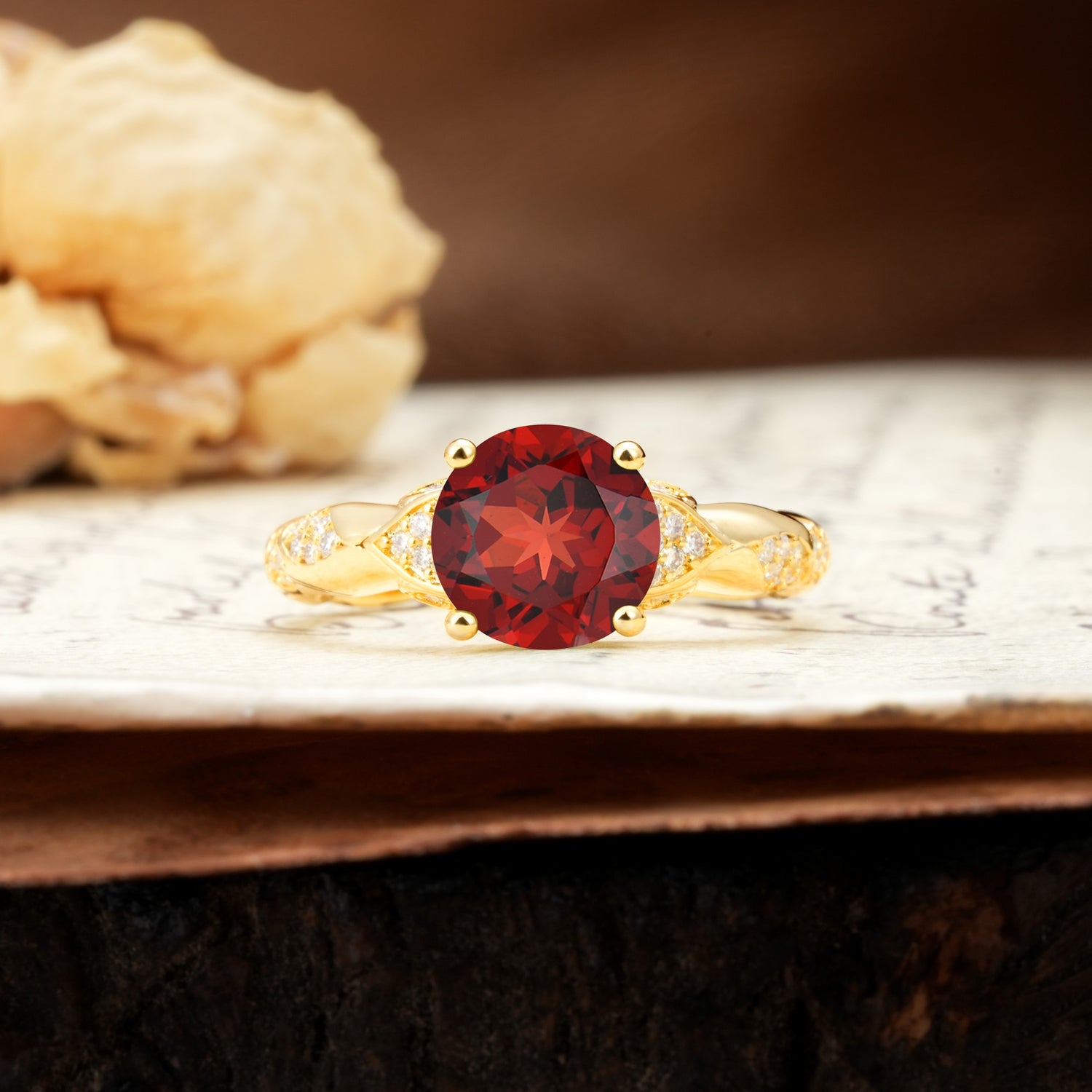 Nature-Inspired, Uniquely Luxurious 4-Prong Round Cut Garnet Engagement Ring