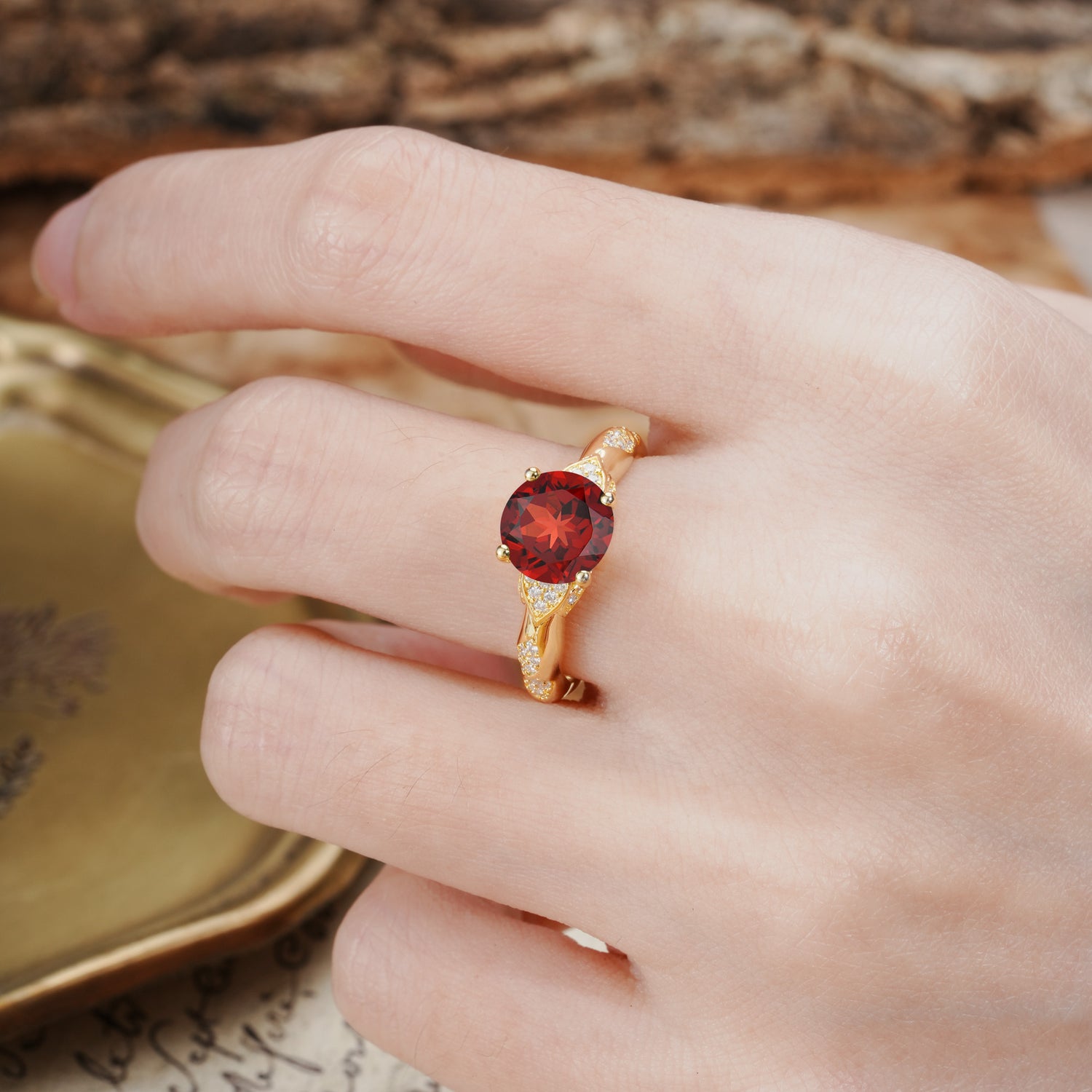 Nature-Inspired, Uniquely Luxurious 4-Prong Round Cut Garnet Engagement Ring