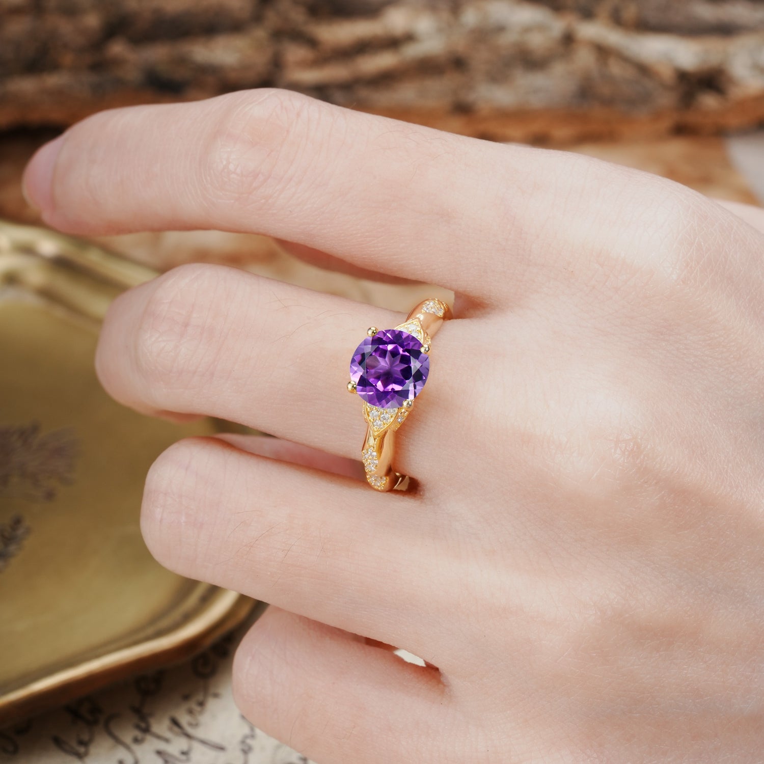 Nature-Inspired, Uniquely Luxurious 4-Prong Round Cut Amethyst Engagement Ring