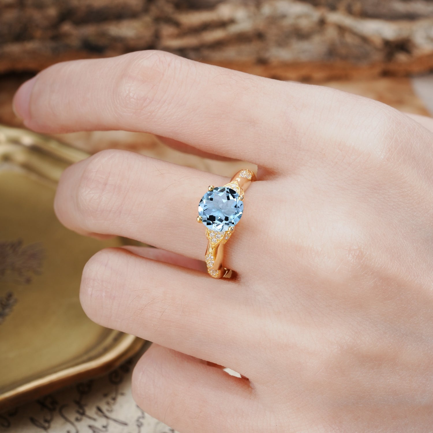 Nature-Inspired, Uniquely Luxurious 4-Prong Round Cut Aquamarine Engagement Ring