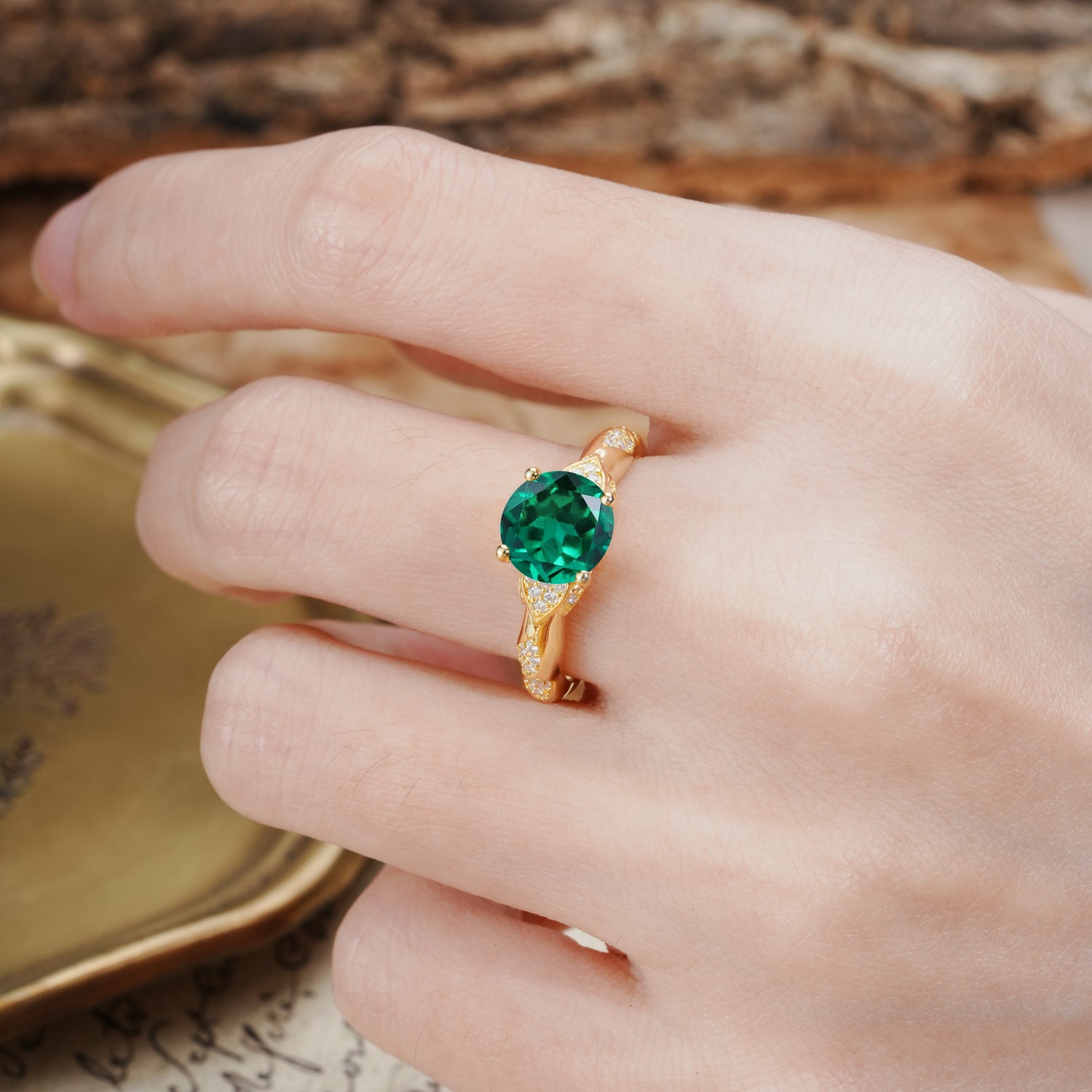 Nature-Inspired, Uniquely Luxurious 4-Prong Round Cut Emerald Engagement Ring